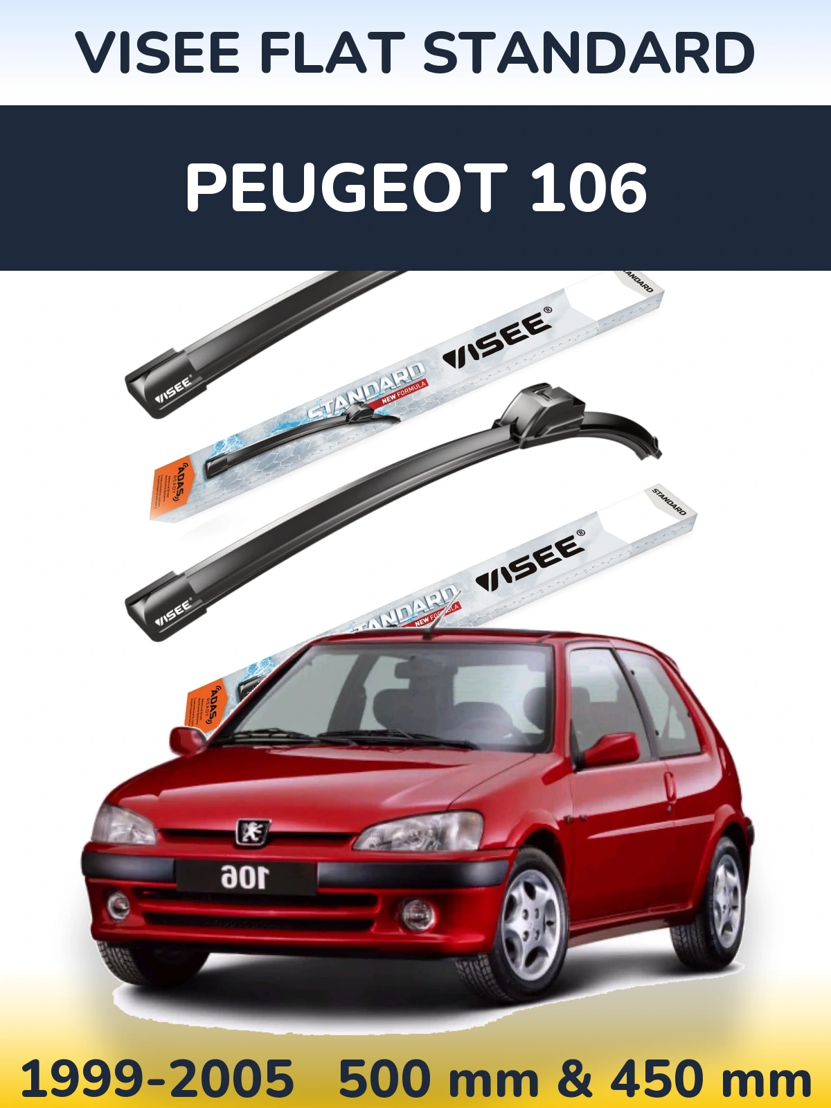 Комплект передних дворников VISEE FLAT STANDARD 500 & 450 мм для Peugeot 106 1999-2005