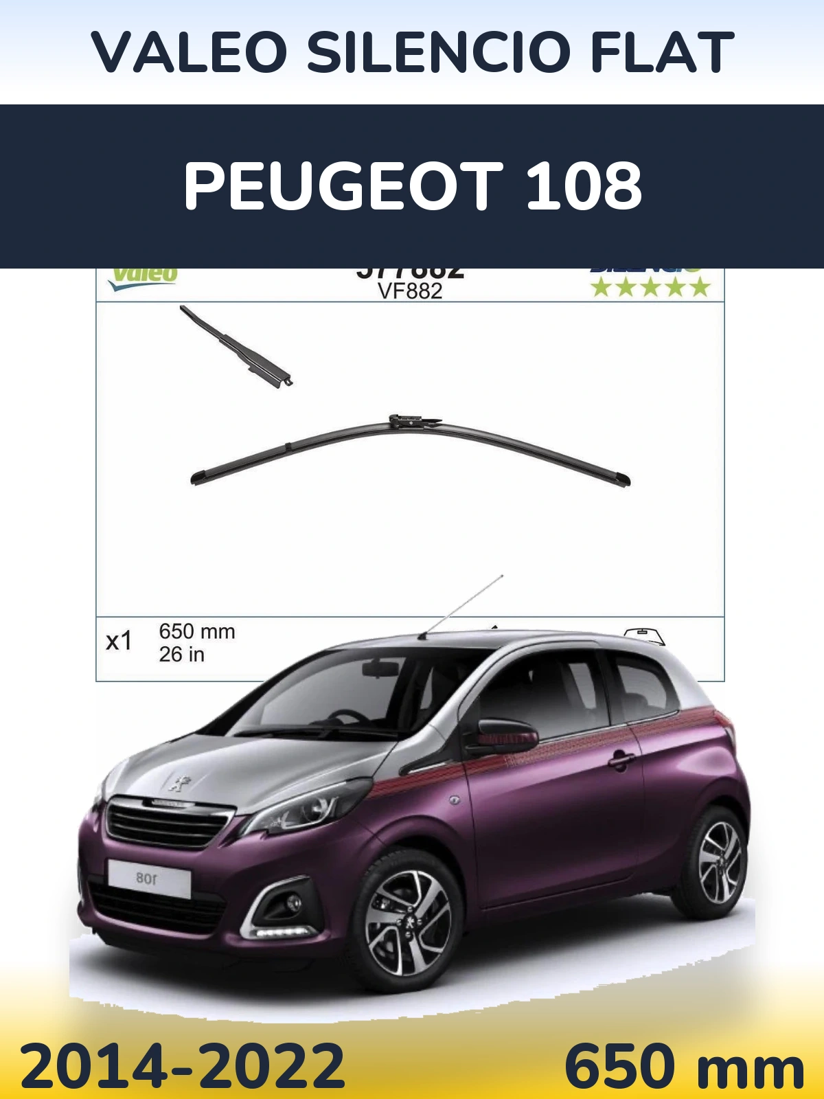 Przednia wycieraczka Valeo Silencio Flat 650 mm do Peugeot 108 2014-2022