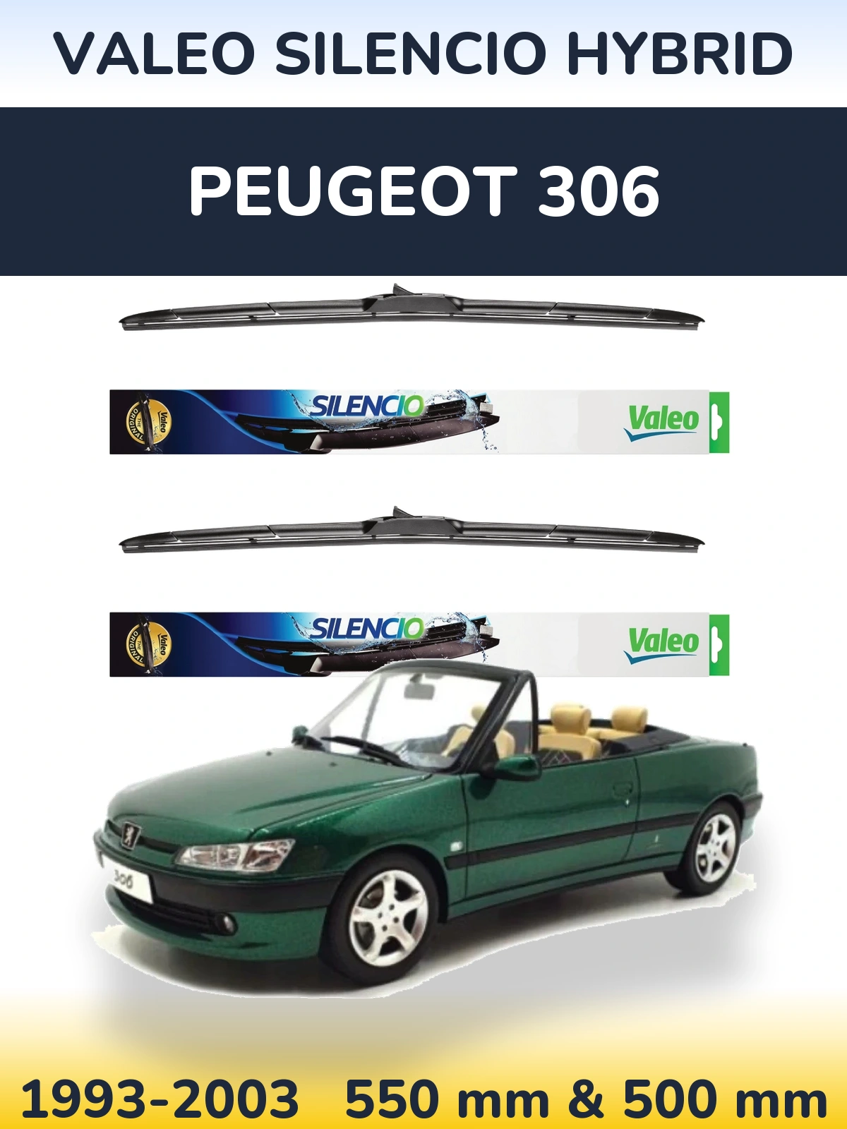 Komplet przednich wycieraczek Valeo Silencio Hybrid 550 & 500 mm do Peugeot 306 1993-2003