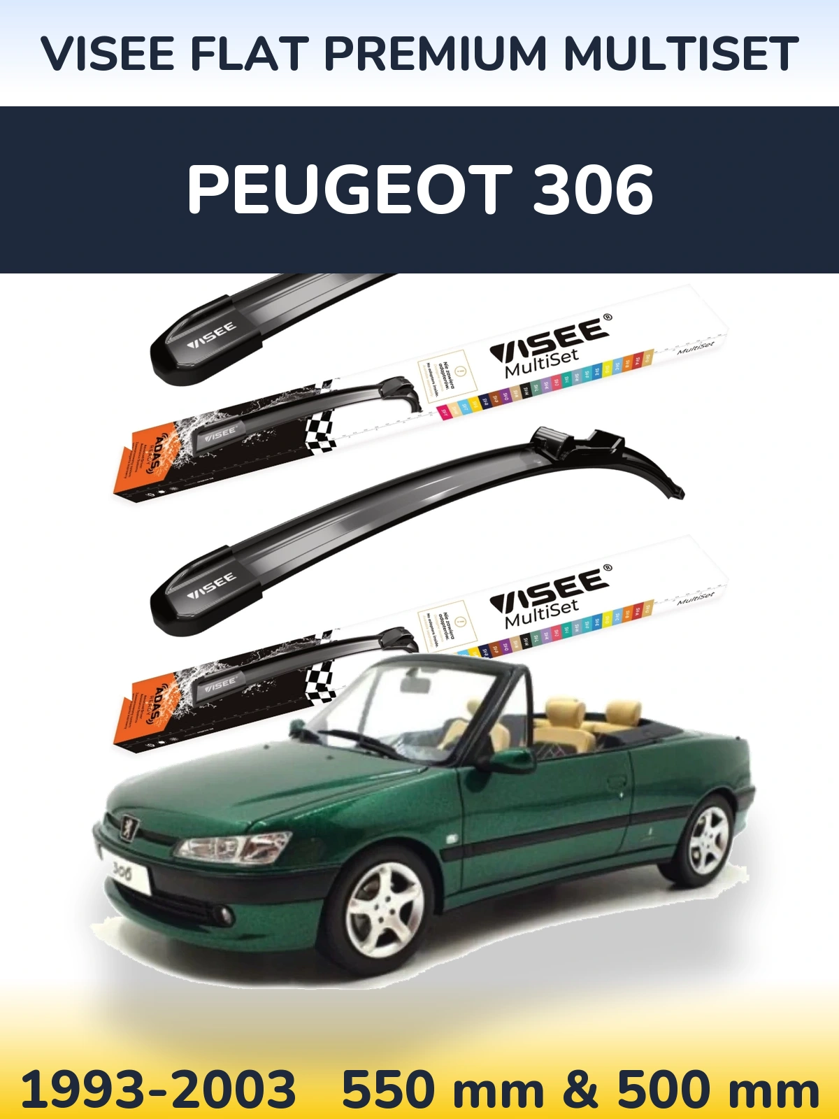 Front wiper blade set VISEE FLAT PREMIUM MultiSet 550 & 500 mm for Peugeot 306 1993-2003