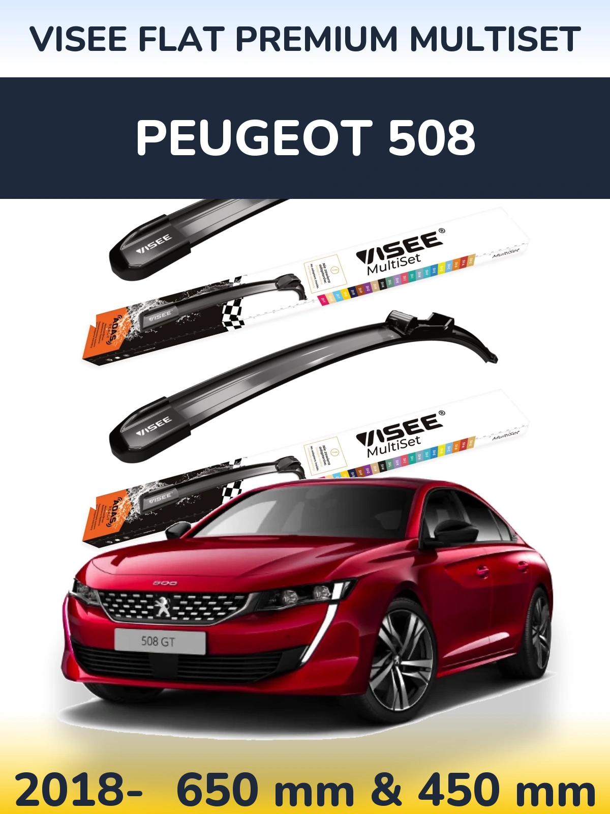 Front wiper blade set VISEE FLAT PREMIUM MultiSet 650 & 450 mm for Peugeot 508 2018-2026