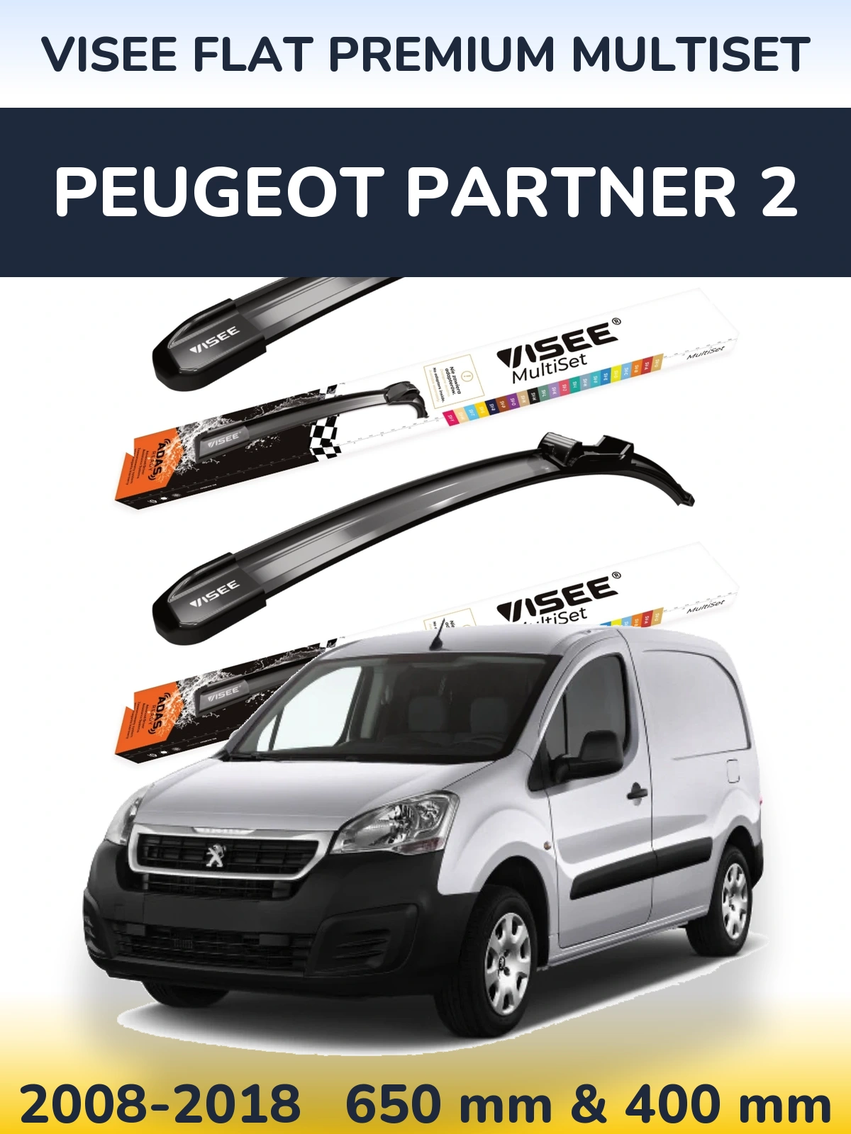 Комплект передних дворников VISEE FLAT PREMIUM MultiSet 650 & 400 мм для Peugeot Partner 2 2008-2018