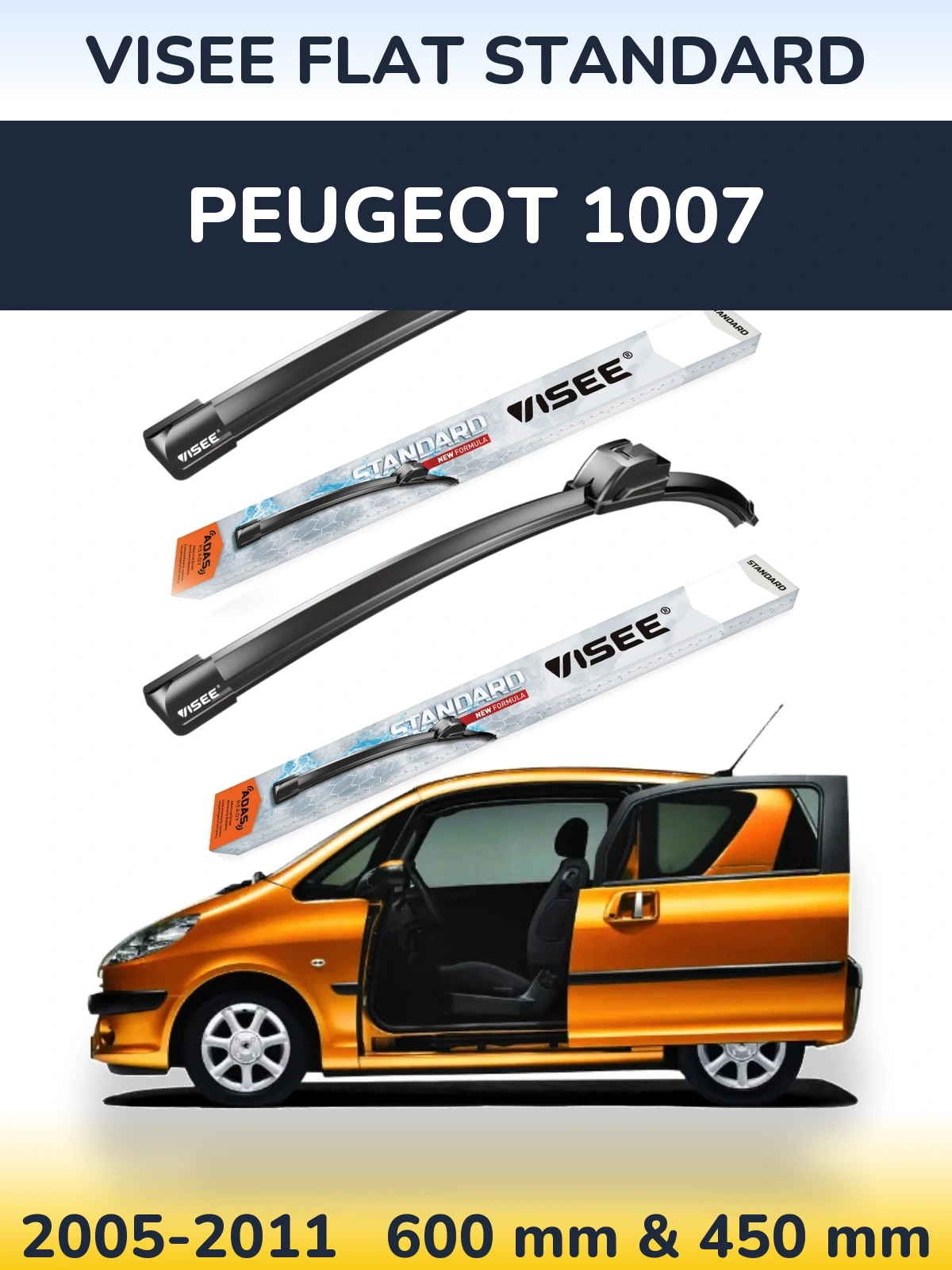 Комплект передних дворников VISEE FLAT STANDARD 600 & 450 мм для Peugeot 1007 2005-2011