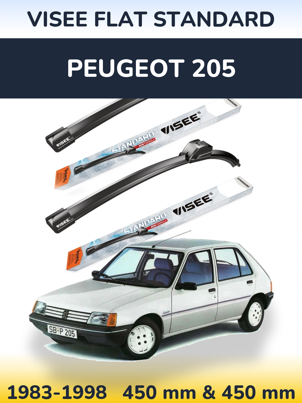 Komplet przednich wycieraczek VISEE FLAT STANDARD 450 & 450 mm do Peugeot 205 1983-1998