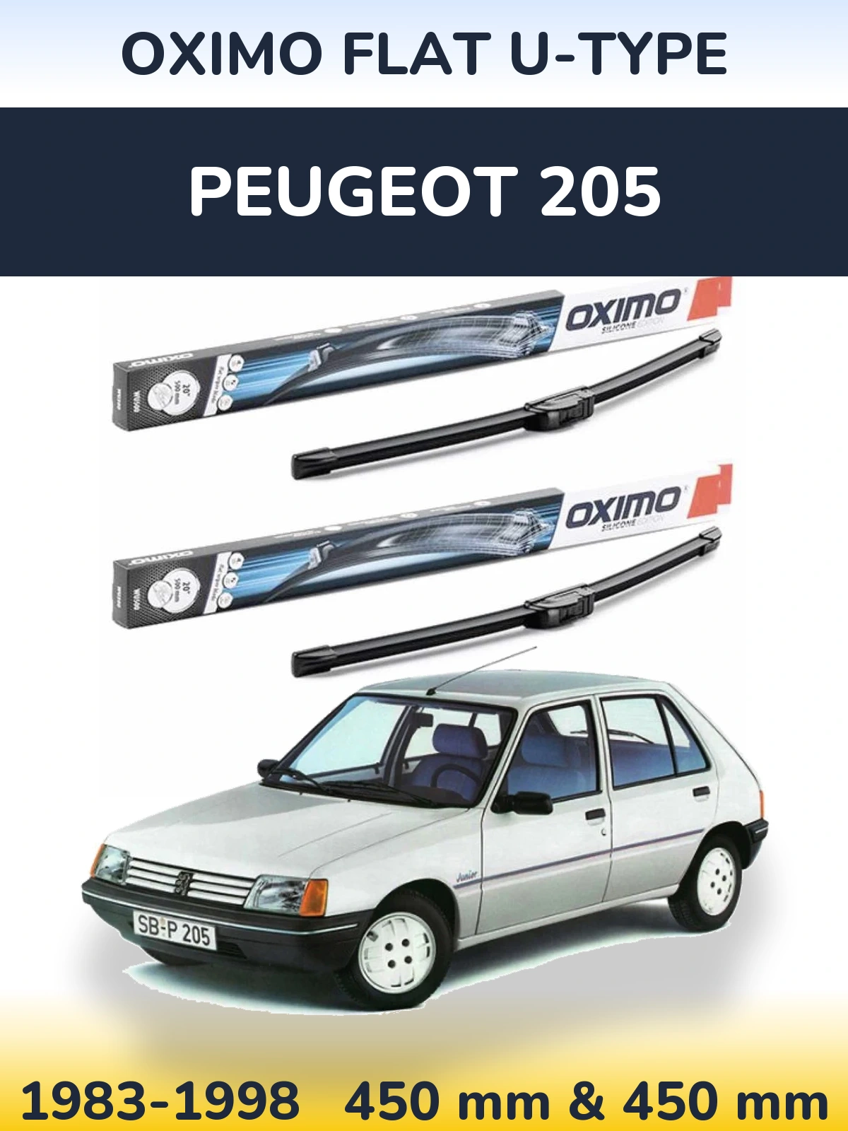 Front wiper blade set Oximo Flat U-type 450 & 450 mm for Peugeot 205 1983-1998