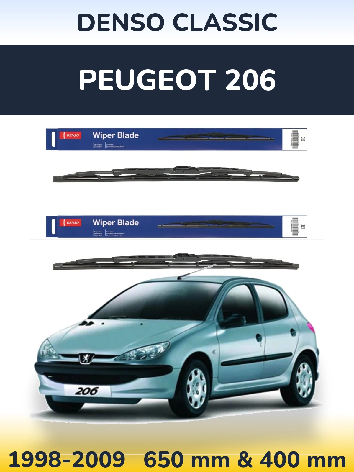 Front wiper blade set Denso Classic 650 & 400 mm for Peugeot 206 1998-2009