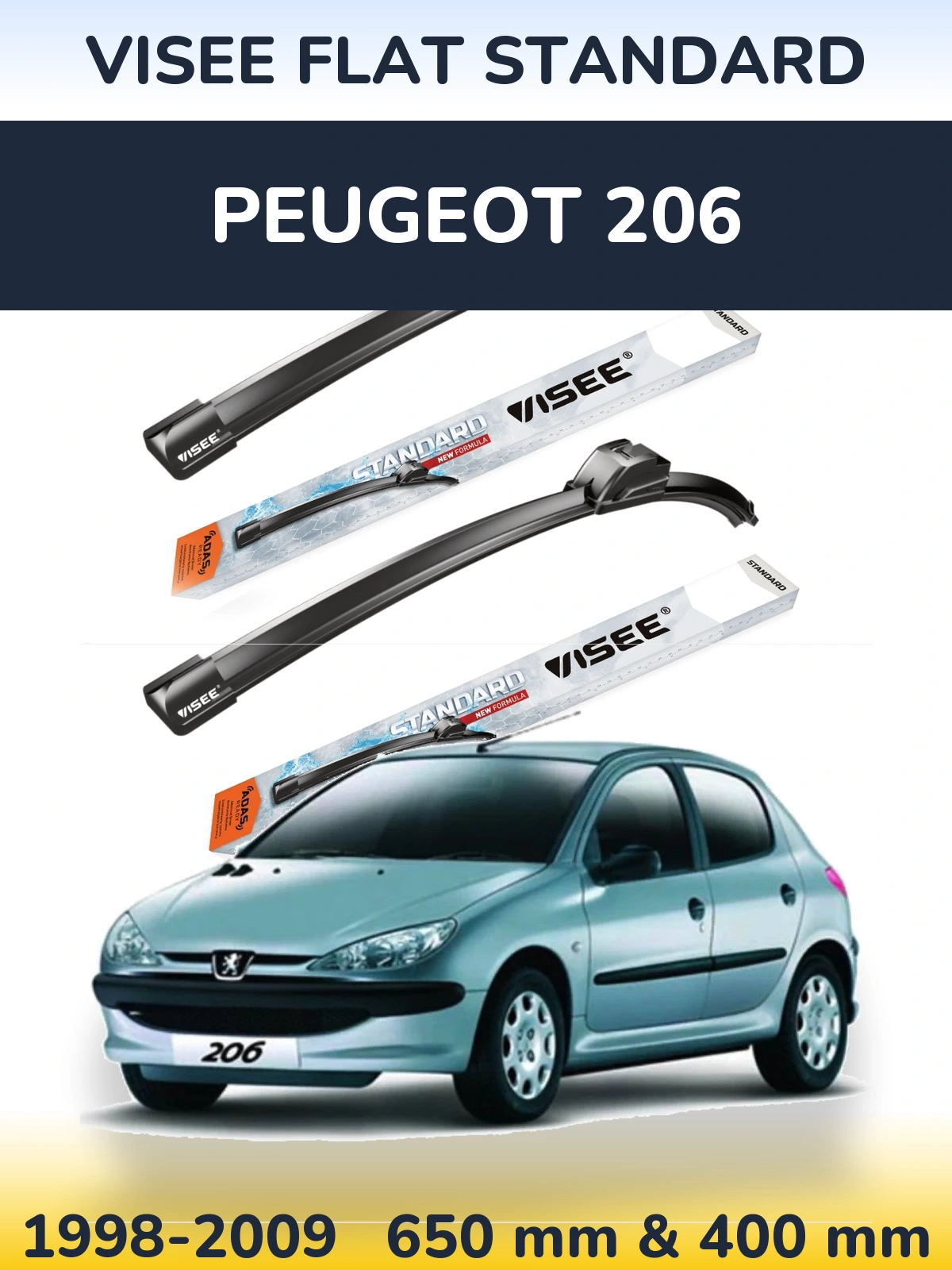 Komplet przednich wycieraczek VISEE FLAT STANDARD 650 & 400 mm do Peugeot 206 1998-2009
