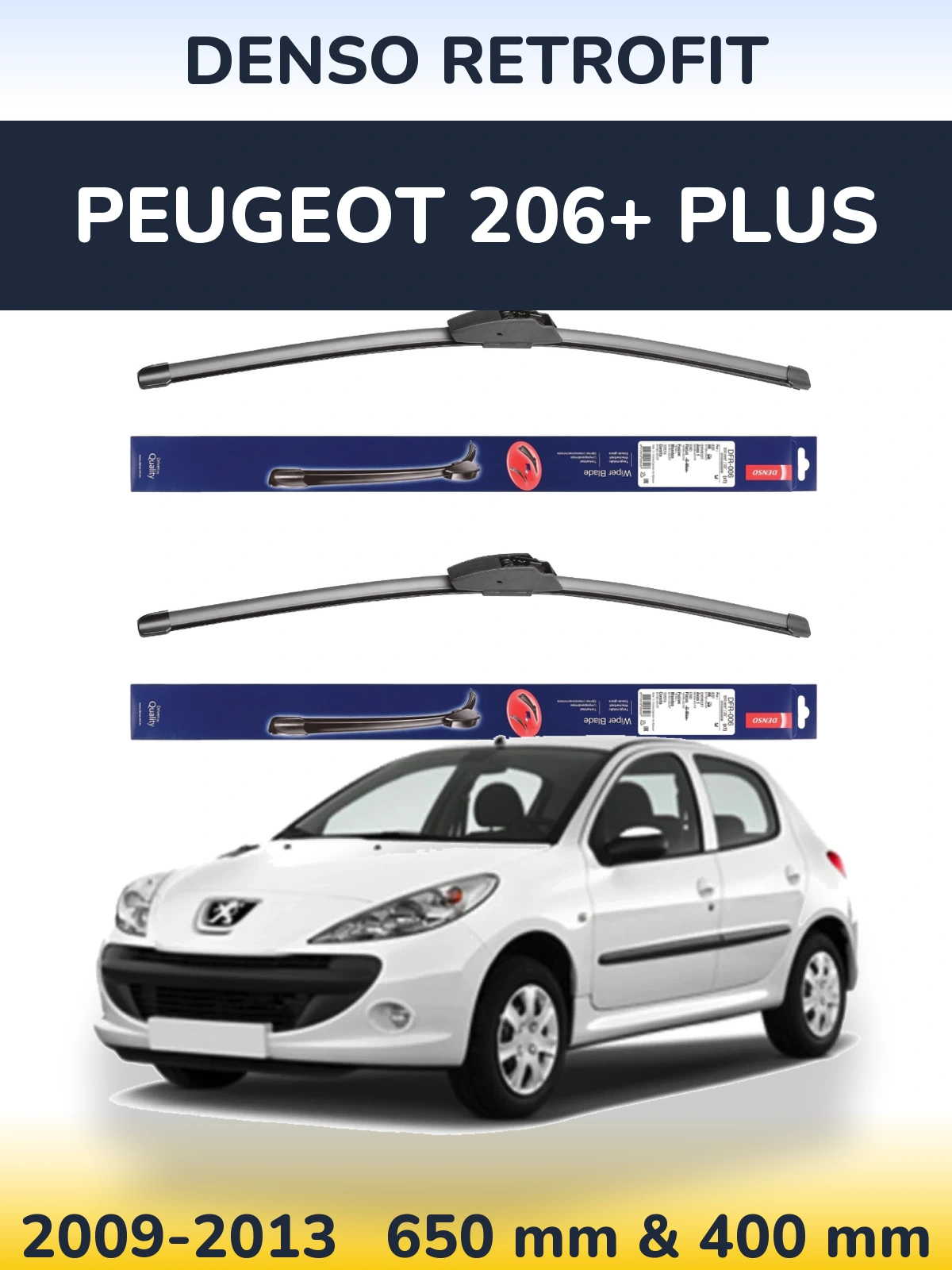 Front wiper blade set Denso Retrofit 650 & 400 mm for Peugeot 206+ Plus 2009-2013