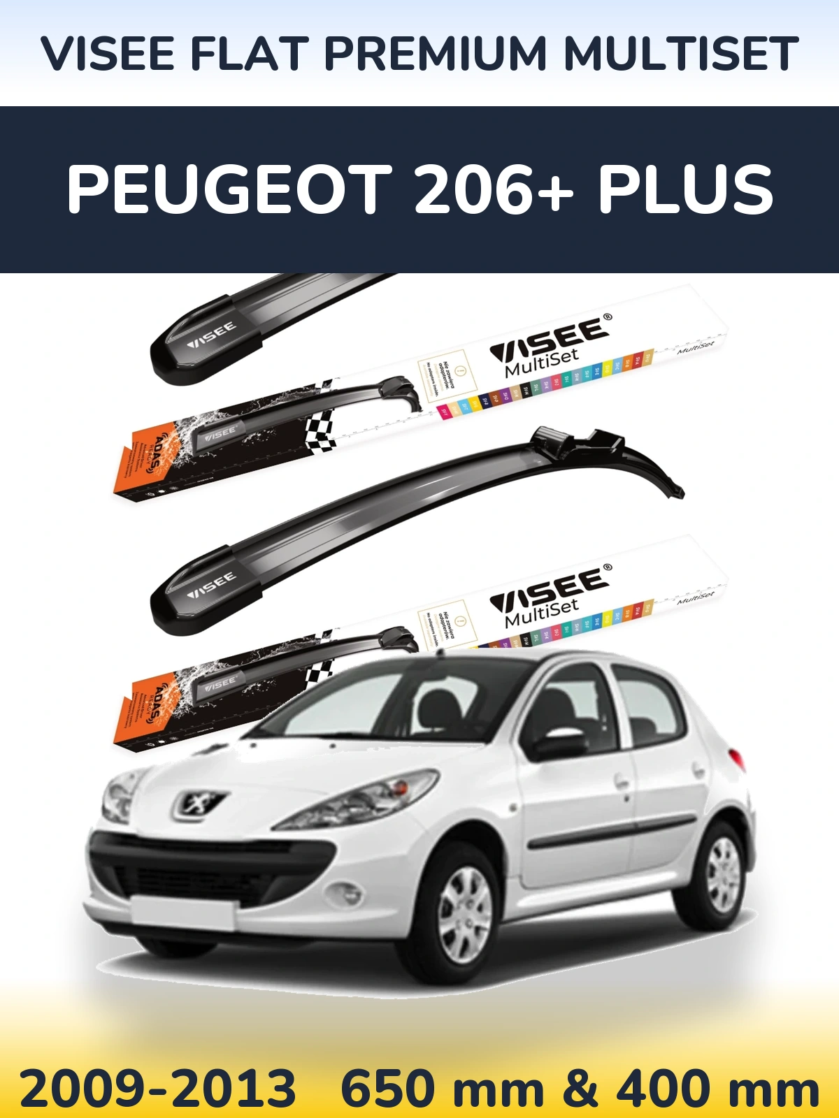 Komplet przednich wycieraczek VISEE FLAT PREMIUM MultiSet 650 & 400 mm do Peugeot 206+ Plus 2009-2013