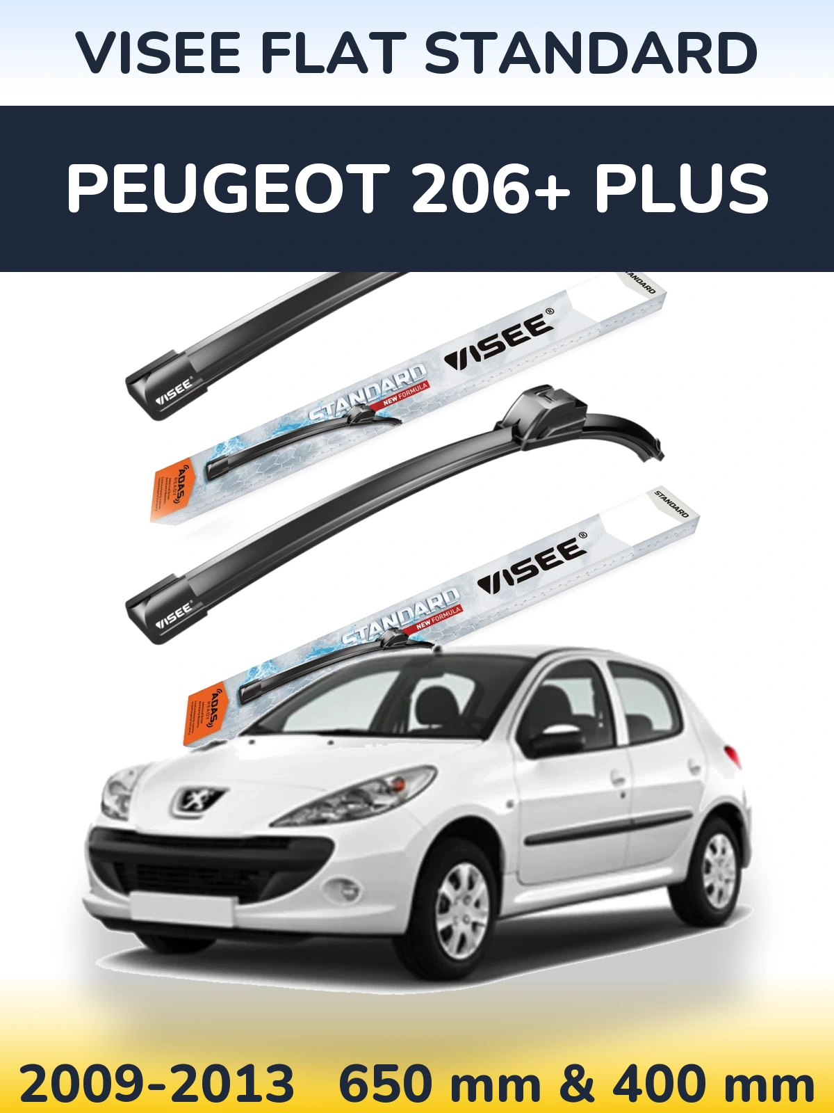 Front wiper blade set VISEE FLAT STANDARD 650 & 400 mm for Peugeot 206+ Plus 2009-2013
