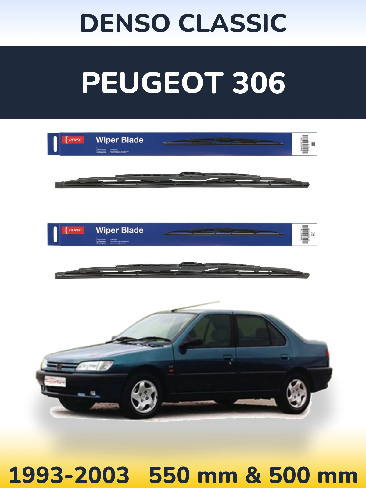 Front wiper blade set Denso Classic 550 & 500 mm for Peugeot 306 1993-2003