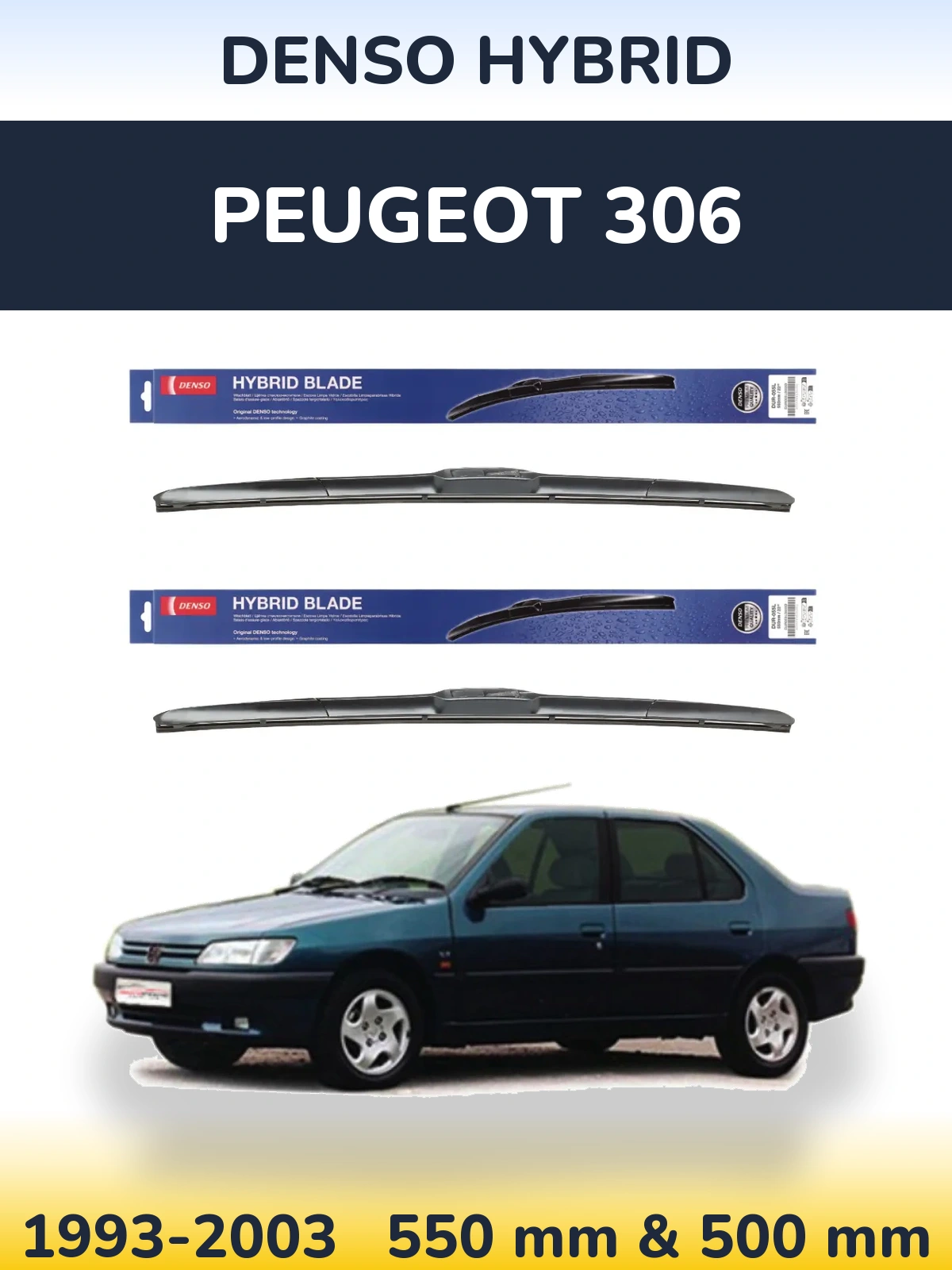 Komplet przednich wycieraczek Denso Hybrid 550 & 500 mm do Peugeot 306 1993-2003