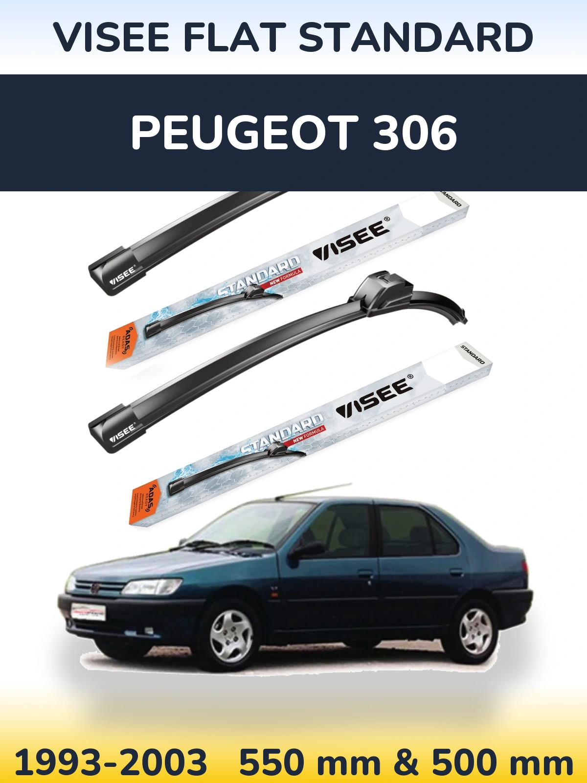 Komplet przednich wycieraczek VISEE FLAT STANDARD 550 & 500 mm do Peugeot 306 1993-2003