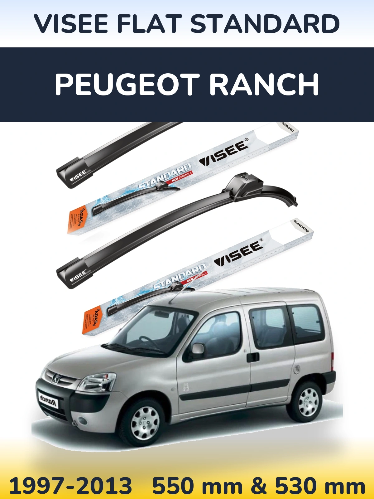 Komplet przednich wycieraczek VISEE FLAT STANDARD 550 & 530 mm do Peugeot Ranch 1997-2013