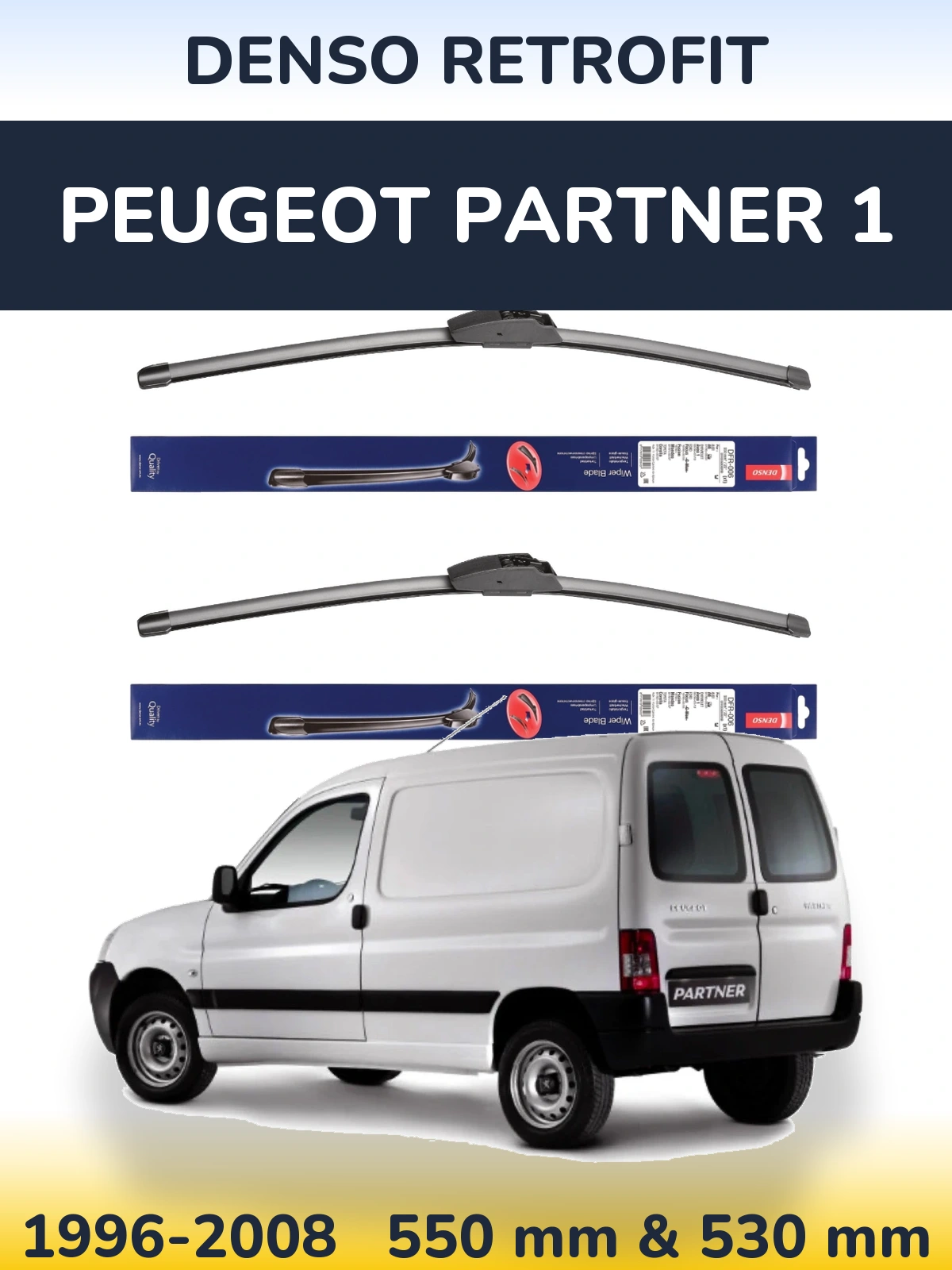 Front wiper blade set Denso Retrofit 550 & 530 mm for Peugeot Partner 1 1996-2008