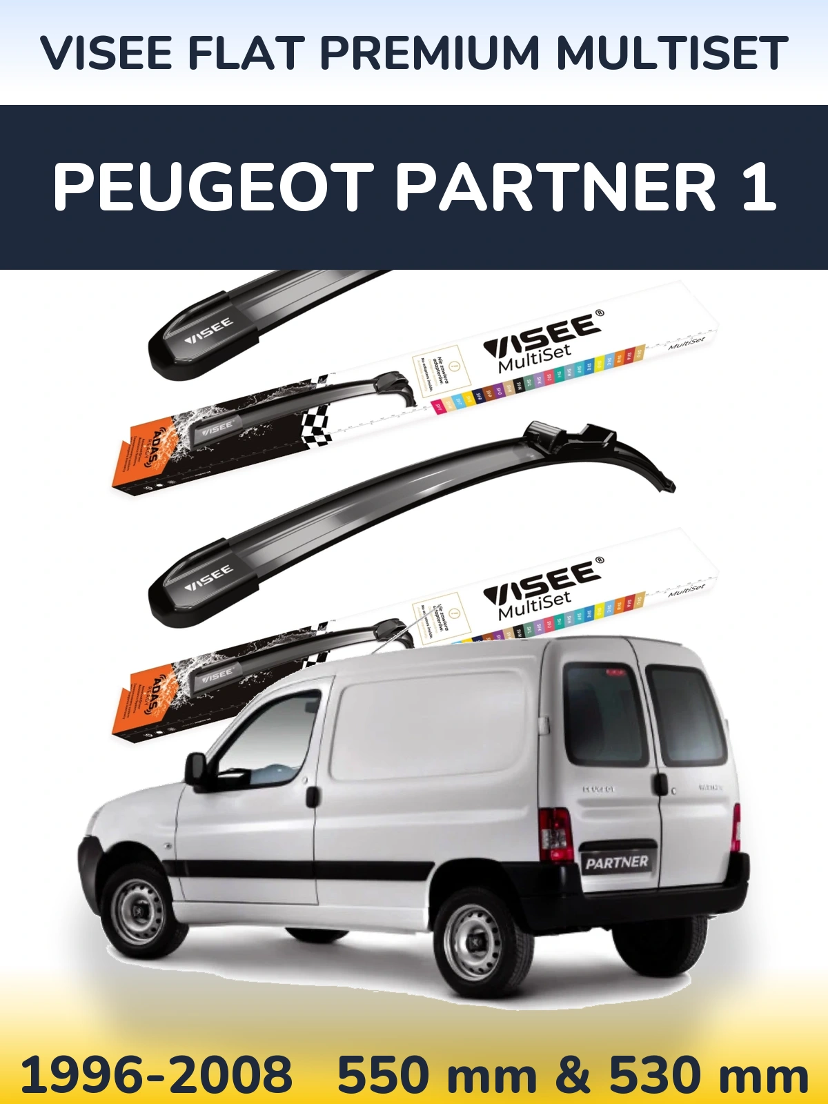 Front wiper blade set VISEE FLAT PREMIUM MultiSet 550 & 530 mm for Peugeot Partner 1 1996-2008