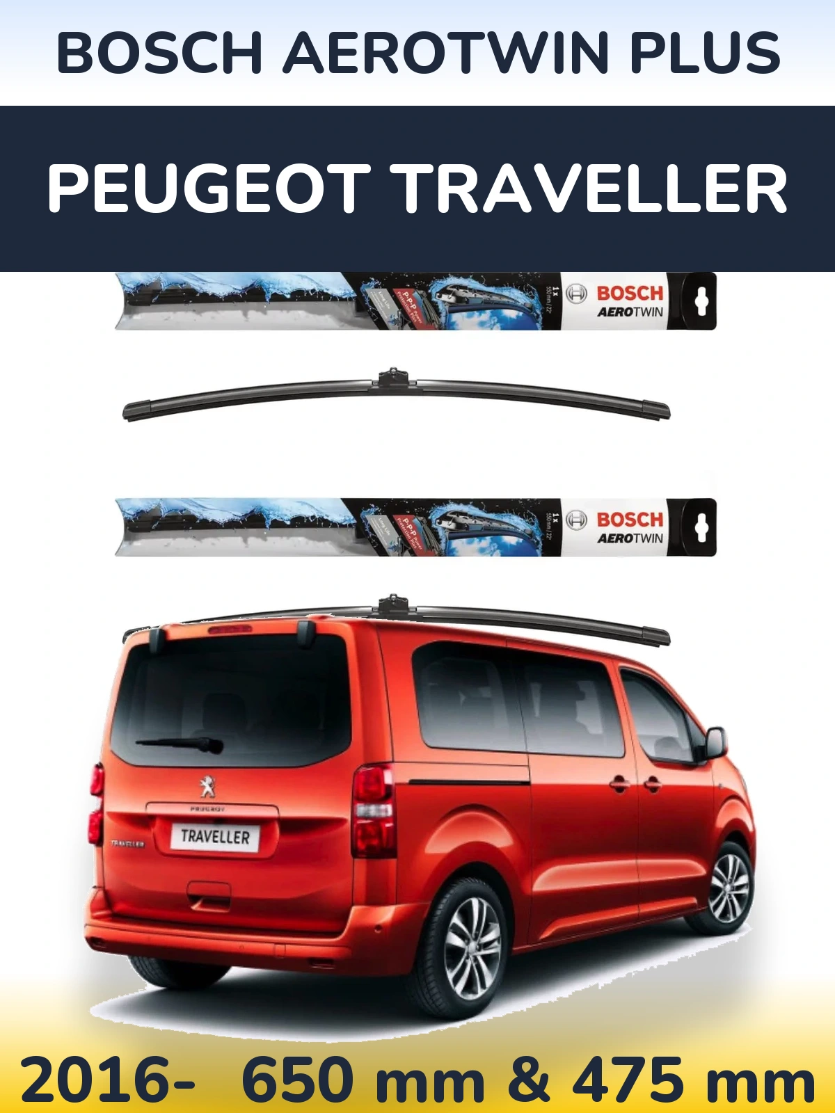 Front wiper blade set BOSCH AeroTwin Plus 650 & 475 mm for Peugeot Traveller 2016-2026
