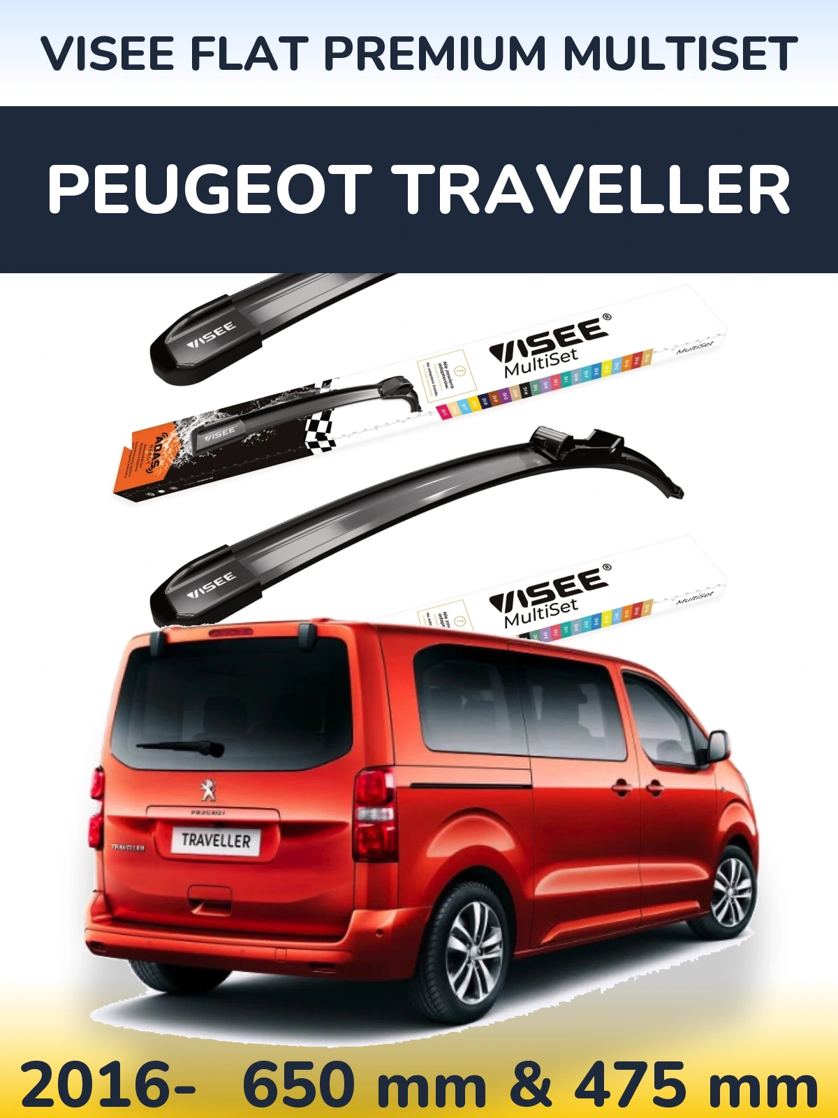 Komplet przednich wycieraczek VISEE FLAT PREMIUM MultiSet 650 & 475 mm do Peugeot Traveller 2016-2026