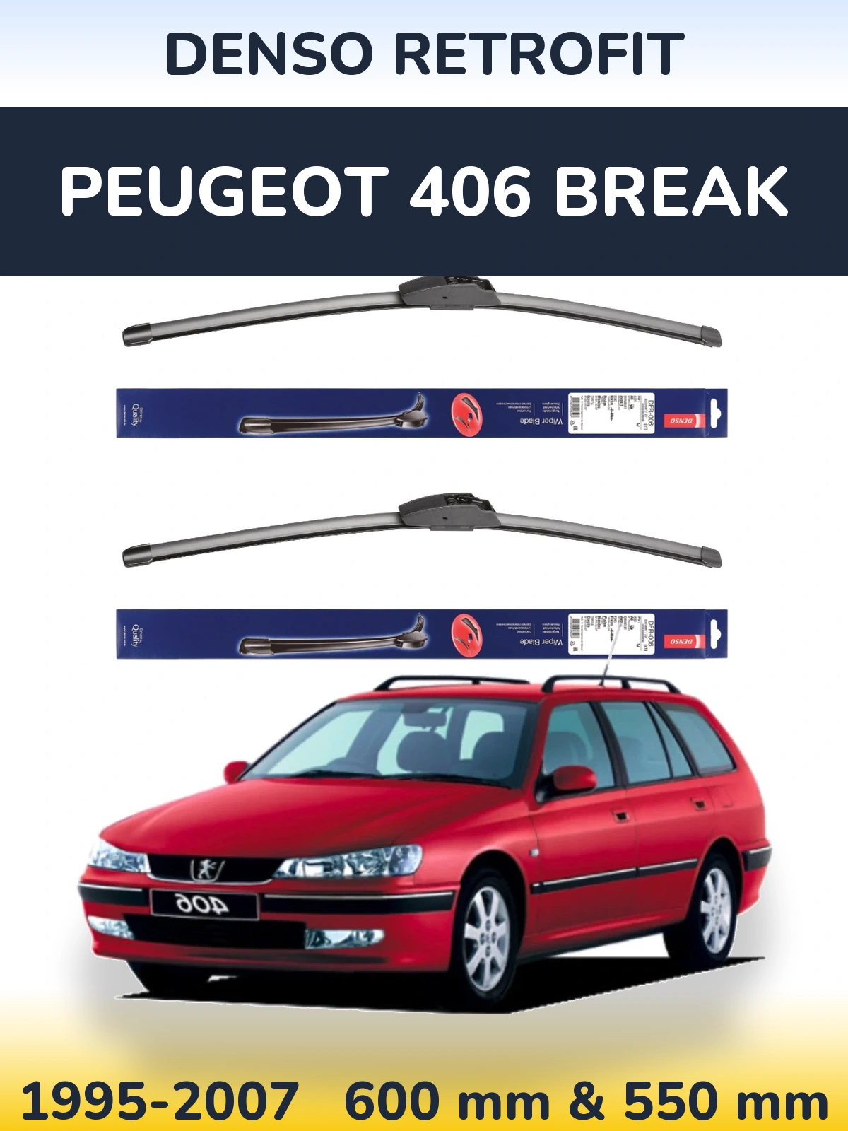 Front wiper blade set Denso Retrofit 600 & 550 mm for Peugeot 406 Break 1995-2007