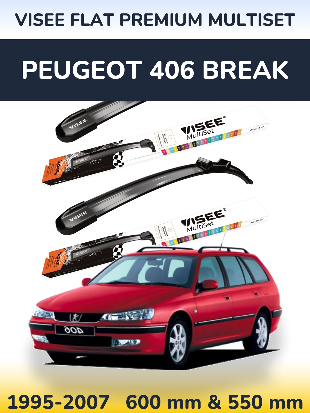 Front wiper blade set VISEE FLAT PREMIUM MultiSet 600 & 550 mm for Peugeot 406 Break 1995-2007