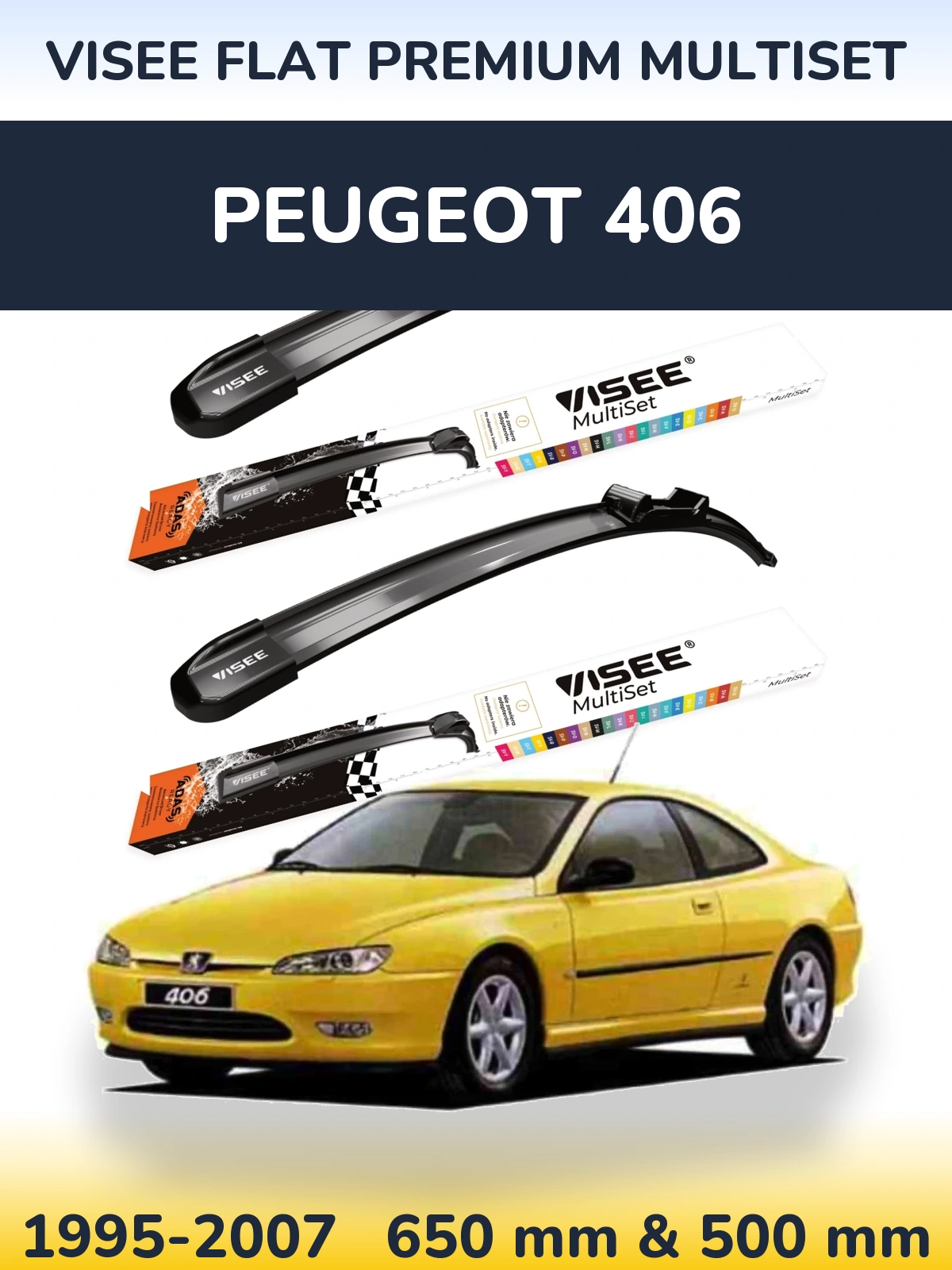 Комплект передних дворников VISEE FLAT PREMIUM MultiSet 650 & 500 мм для Peugeot 406 1995-2007