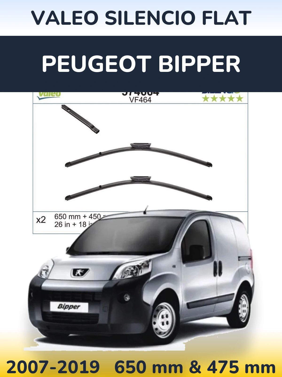 Komplet przednich wycieraczek Valeo Silencio Flat 650 & 450 mm do Peugeot Bipper 2007-2019