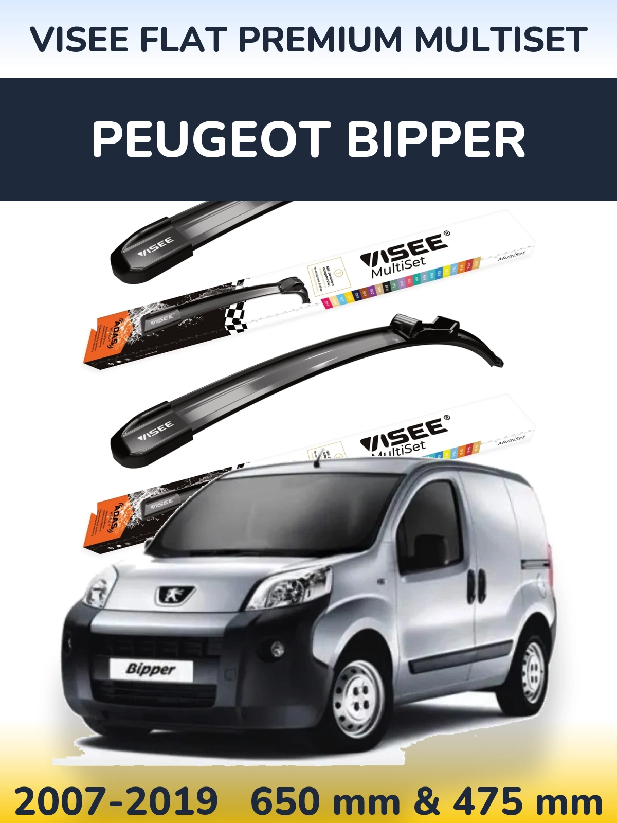 Komplet przednich wycieraczek VISEE FLAT PREMIUM MultiSet 650 & 475 mm do Peugeot Bipper 2007-2019