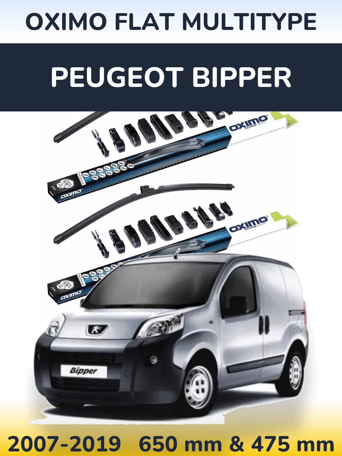 Комплект передних дворников Oximo Flat MultiТипe 650 & 475 мм для Peugeot Bipper 2007-2019