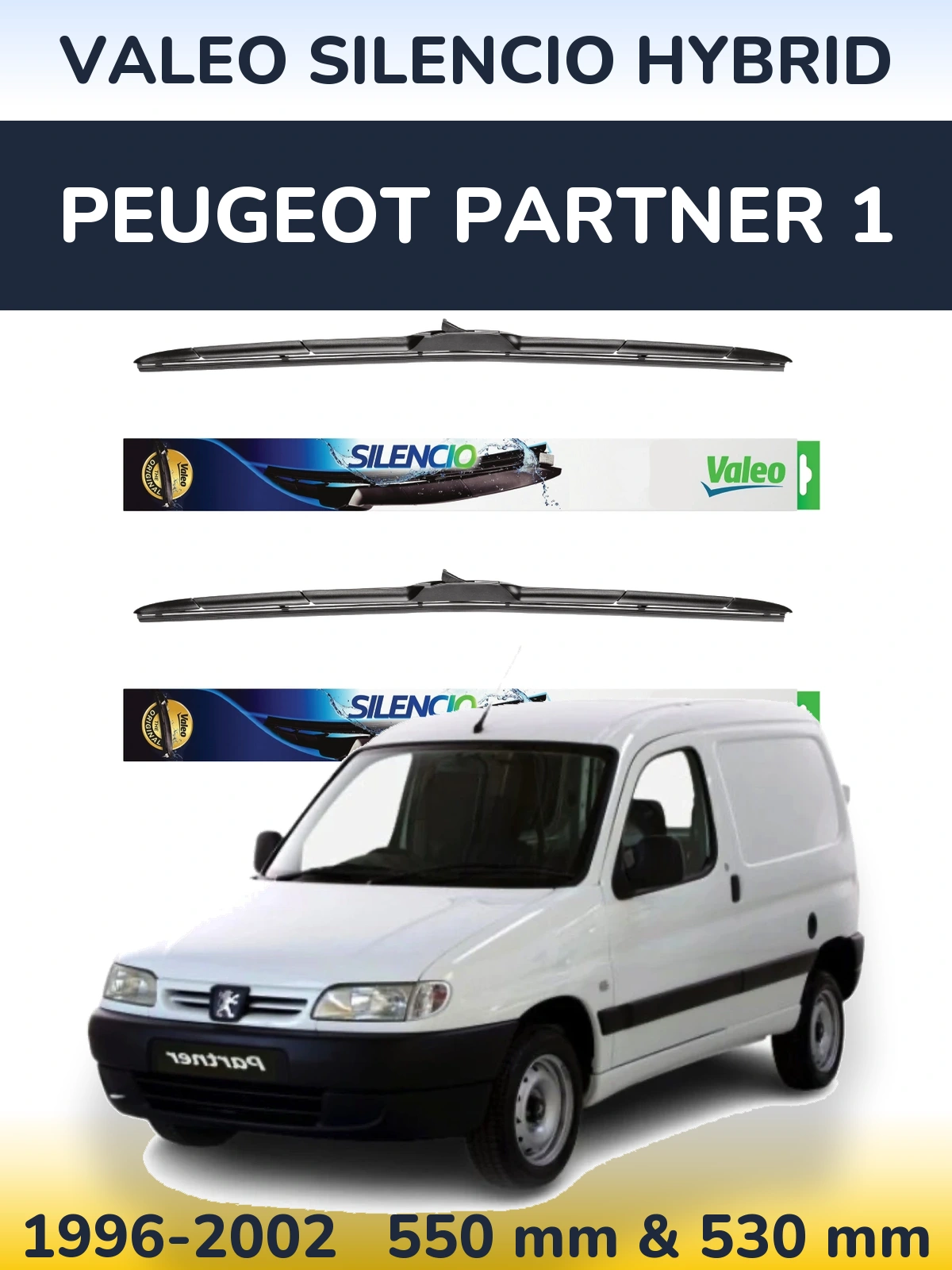Komplet przednich wycieraczek Valeo Silencio Hybrid 550 & 530 mm do Peugeot Partner 1 1996-2002