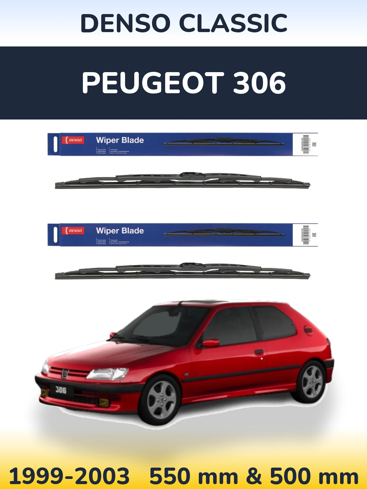 Front wiper blade set Denso Classic 550 & 500 mm for Peugeot 306 1999-2003