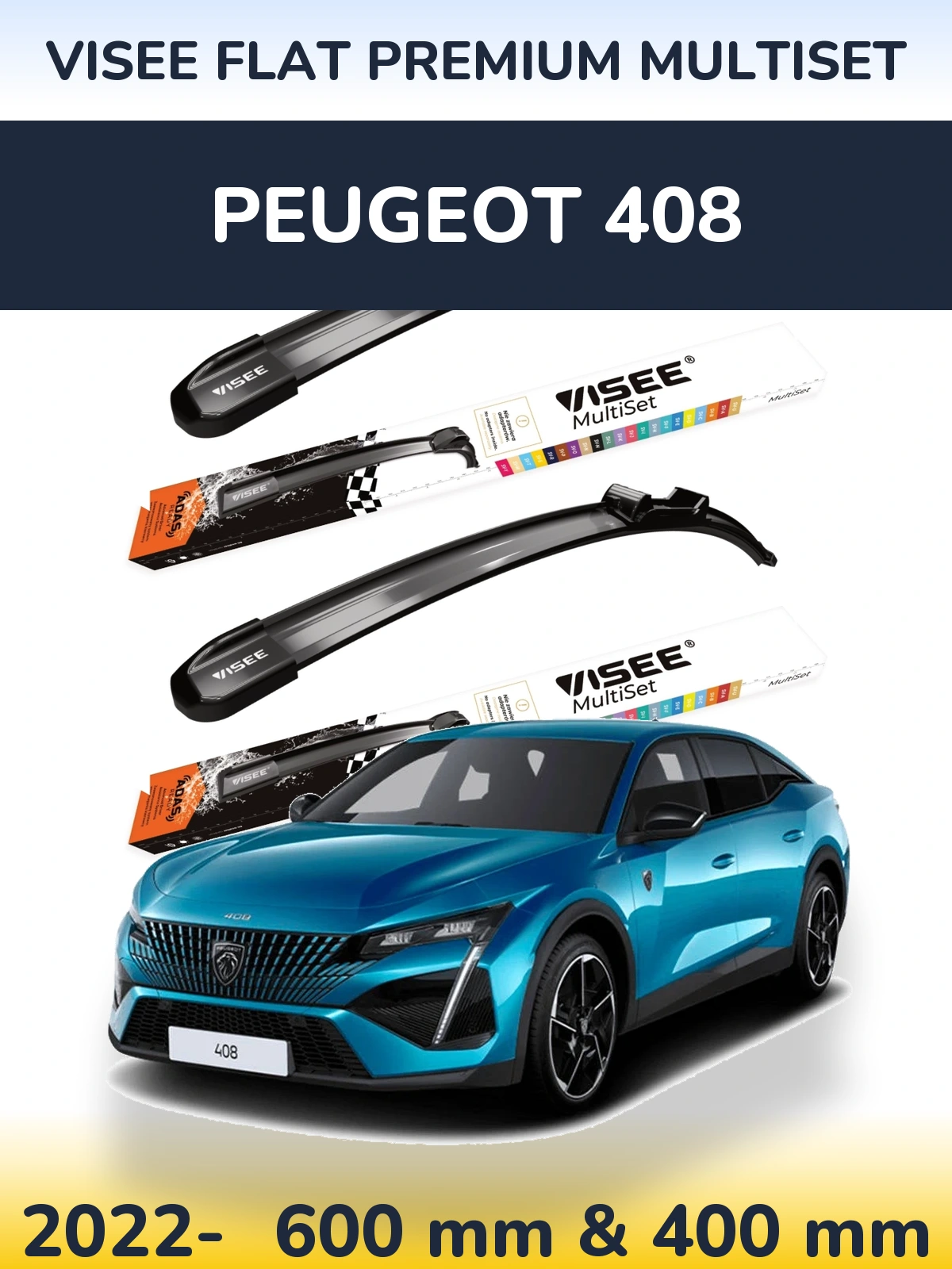 Komplet przednich wycieraczek VISEE FLAT PREMIUM MultiSet 600 & 400 mm do Peugeot 408 2022-2026