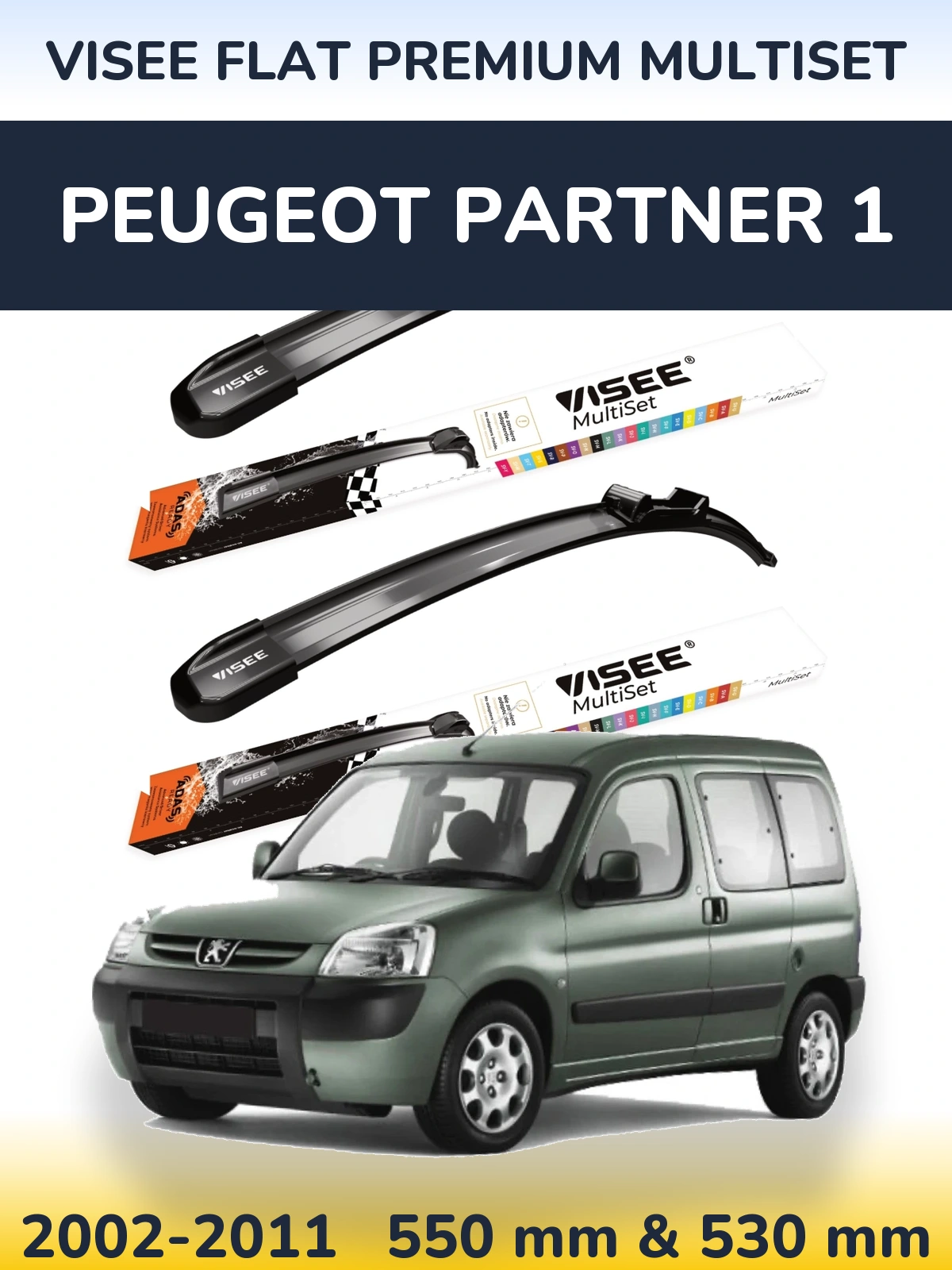 Komplet przednich wycieraczek VISEE FLAT PREMIUM MultiSet 550 & 530 mm do Peugeot Partner 1 2002-2011