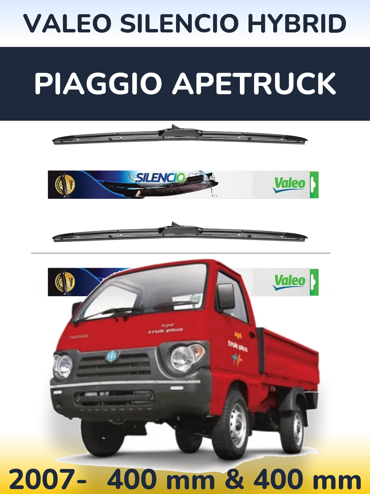Komplet przednich wycieraczek Valeo Silencio Hybrid 400 & 400 mm do Piaggio Apetruck 2007-2026