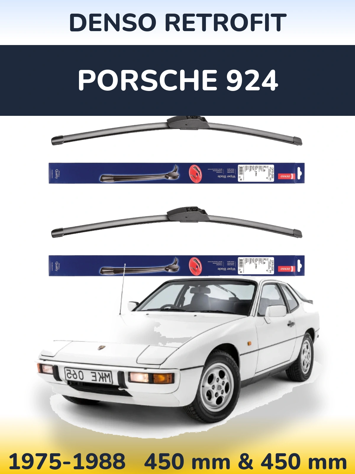Front wiper blade set Denso Retrofit 450 & 450 mm for Porsche 924 1975-1988