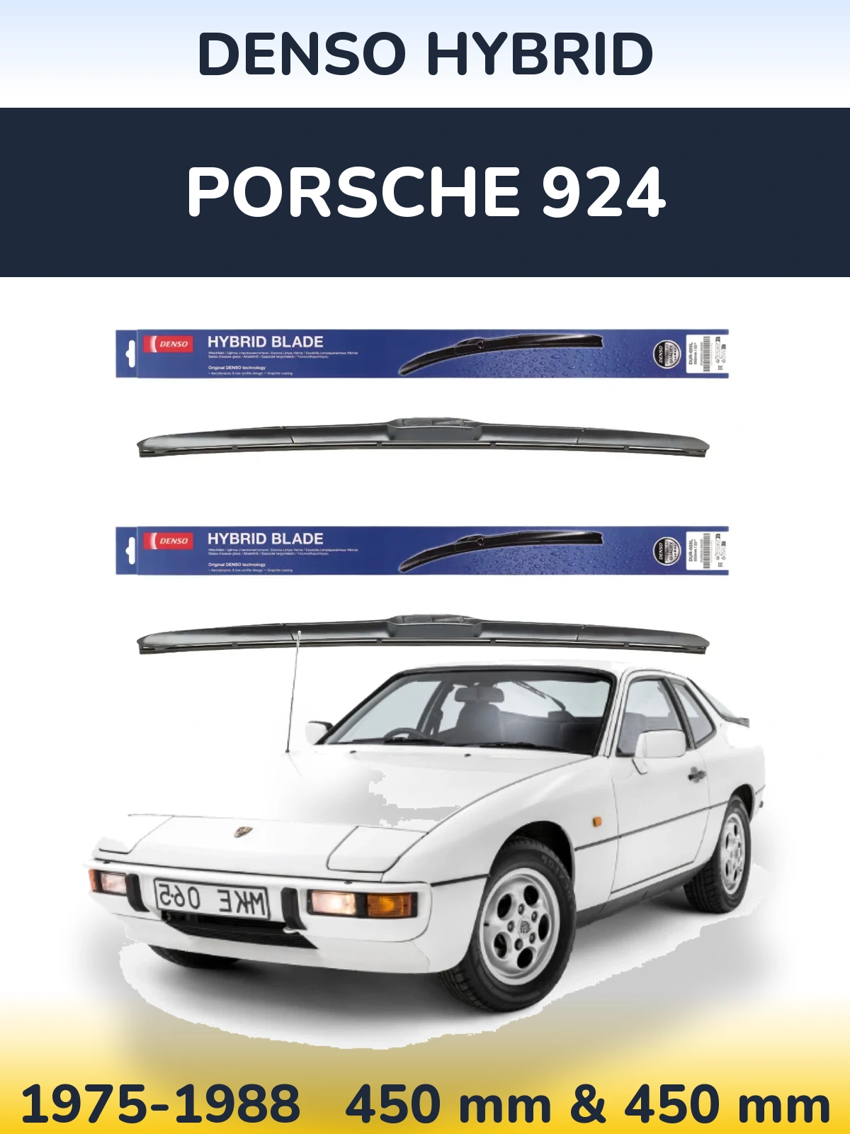 Front wiper blade set Denso Hybrid 450 & 450 mm for Porsche 924 1975-1988