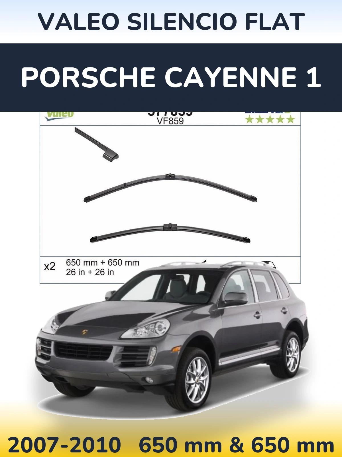 Komplet przednich wycieraczek Valeo Silencio Flat 650 & 650 mm do Porsche Cayenne 1 2007-2010