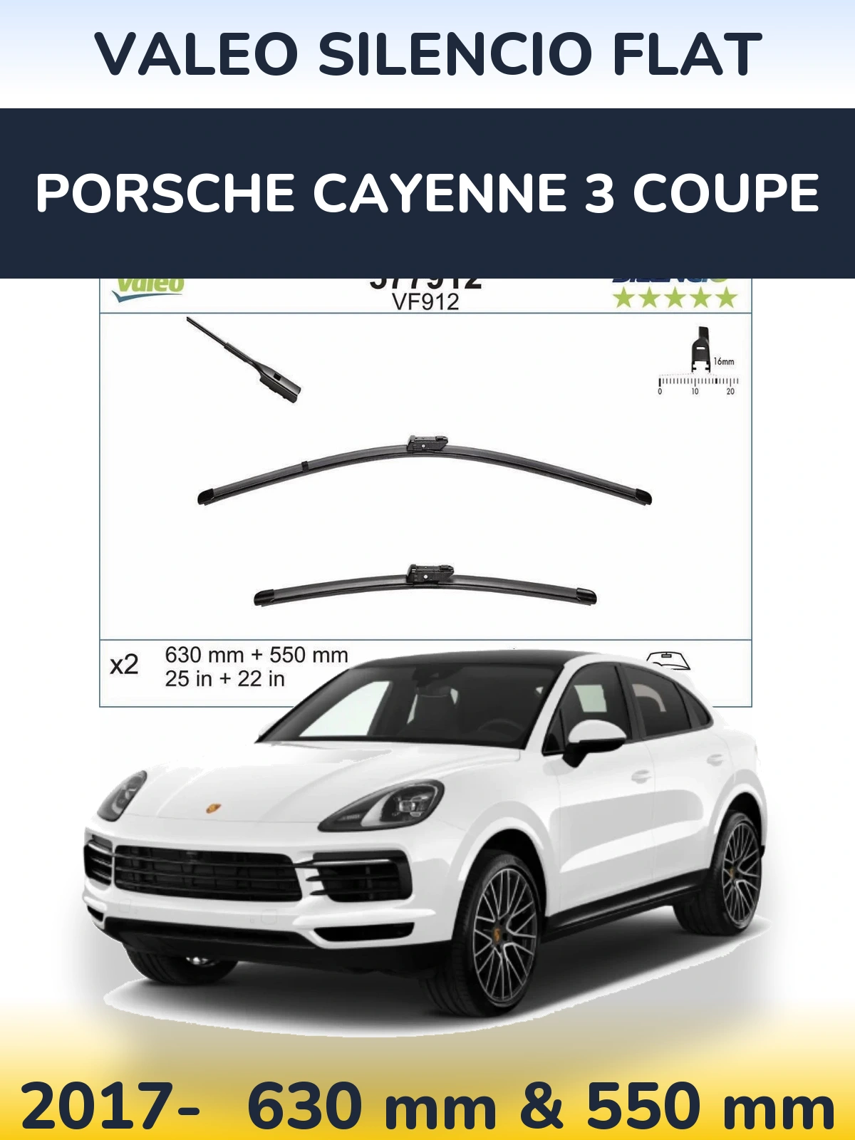Комплект передних дворников Valeo Silencio Flat 630 & 550 мм для Porsche Cayenne 3 Coupe 2017-2026