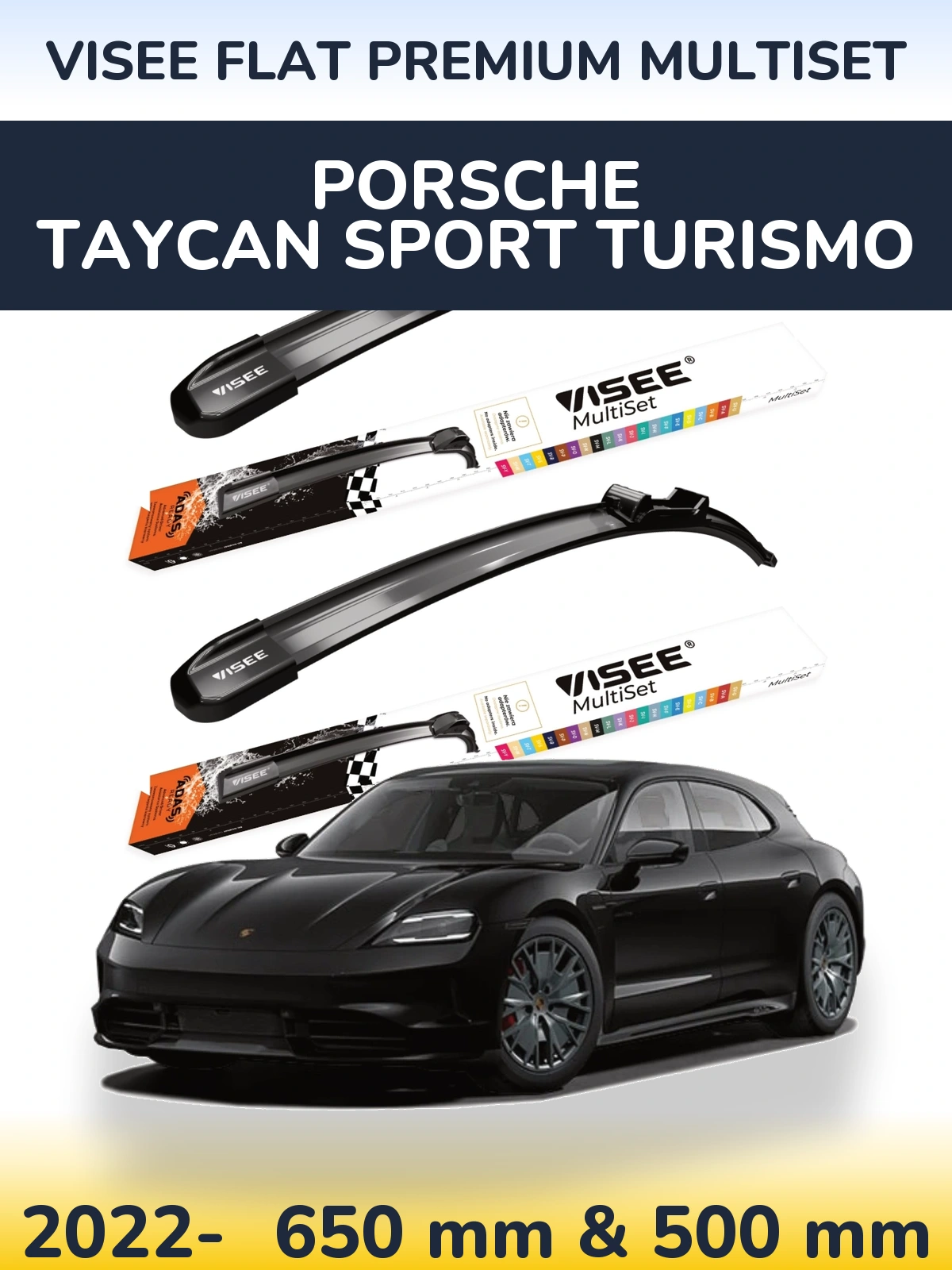 Komplet przednich wycieraczek VISEE FLAT PREMIUM MultiSet 650 & 500 mm do Porsche Taycan Sport Turismo 2022-2026