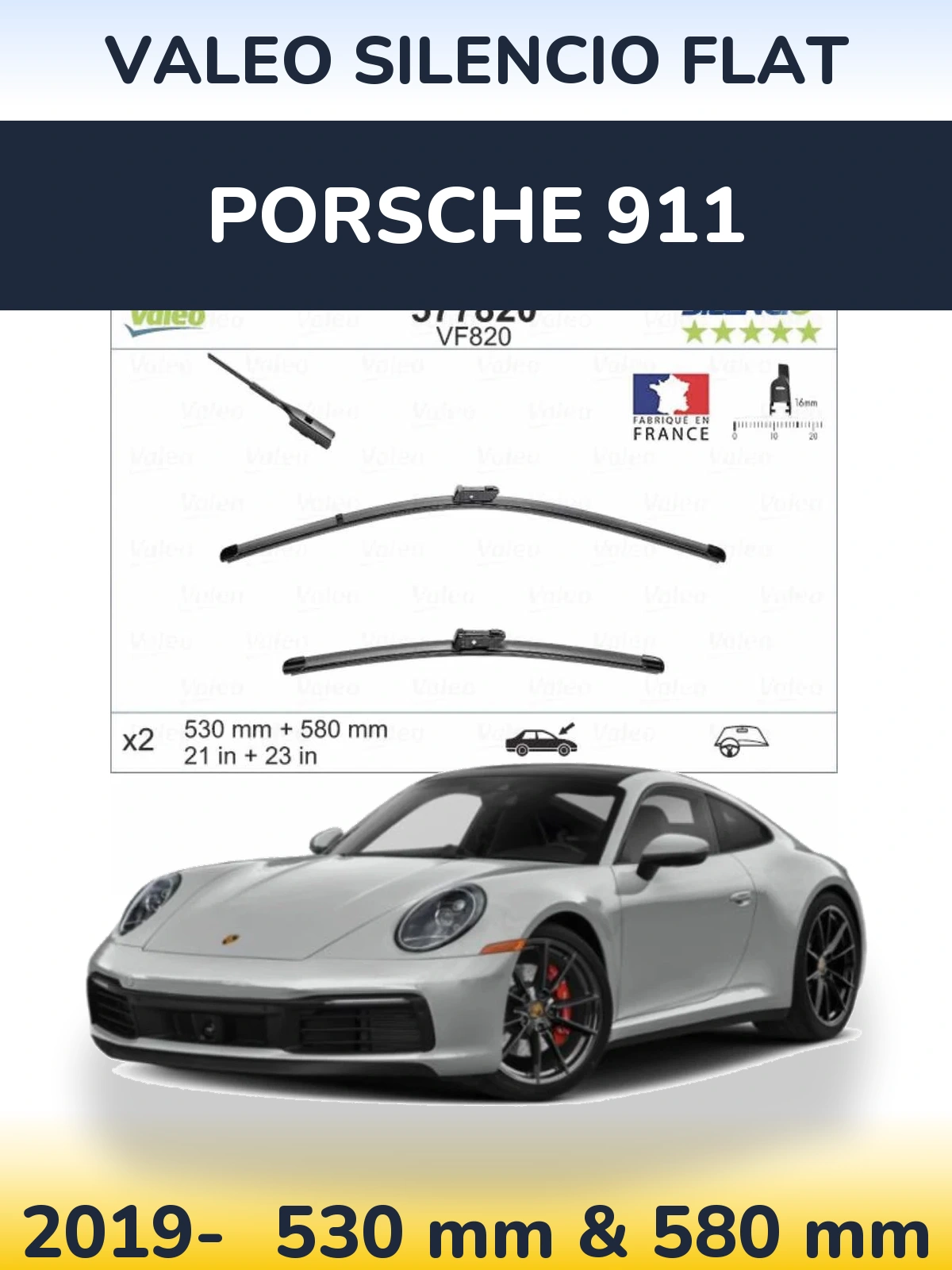 Komplet przednich wycieraczek Valeo Silencio Flat 530 & 580 mm do Porsche 911 2019-2026