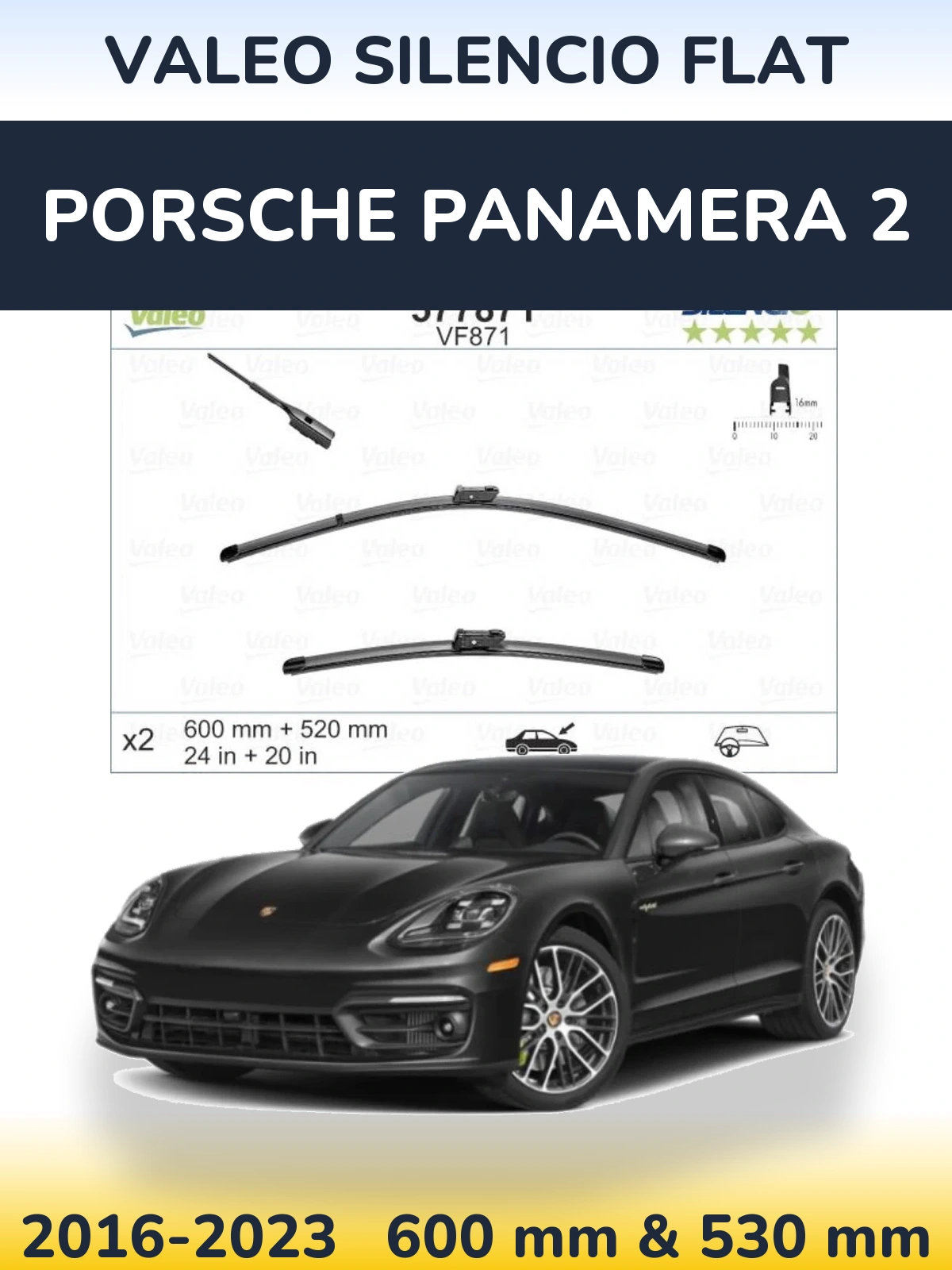 Komplet przednich wycieraczek Valeo Silencio Flat 600 & 520 mm do Porsche Panamera 2 2016-2023