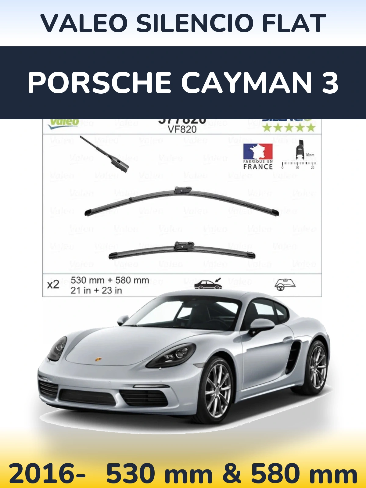 Front wiper blade set Valeo Silencio Flat 530 & 580 mm for Porsche Cayman 3 2016-2026