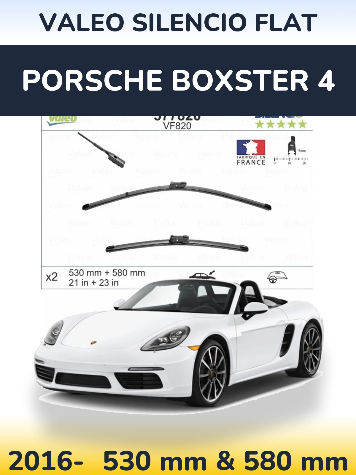 Front wiper blade set Valeo Silencio Flat 530 & 580 mm for Porsche Boxster 4 2016-2026
