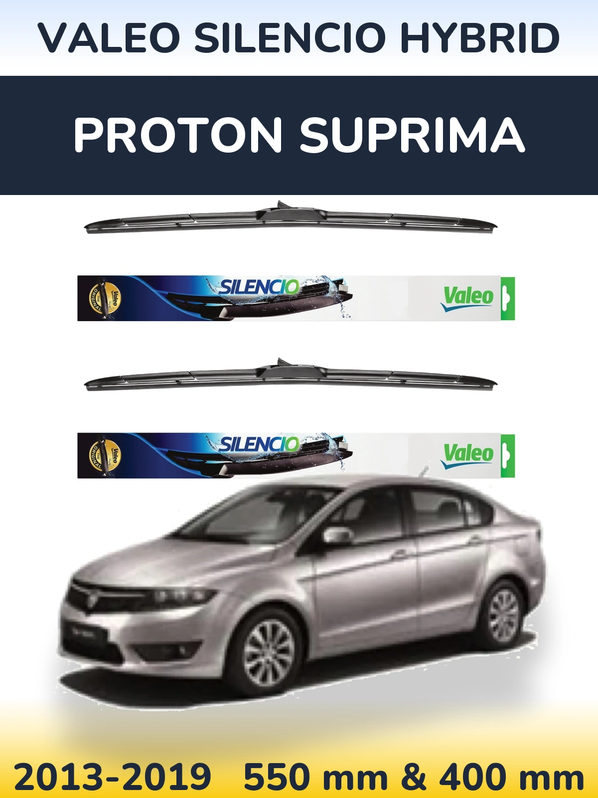 Front wiper blade set Valeo Silencio Hybrid 550 & 400 mm for Proton Suprima 2013-2019