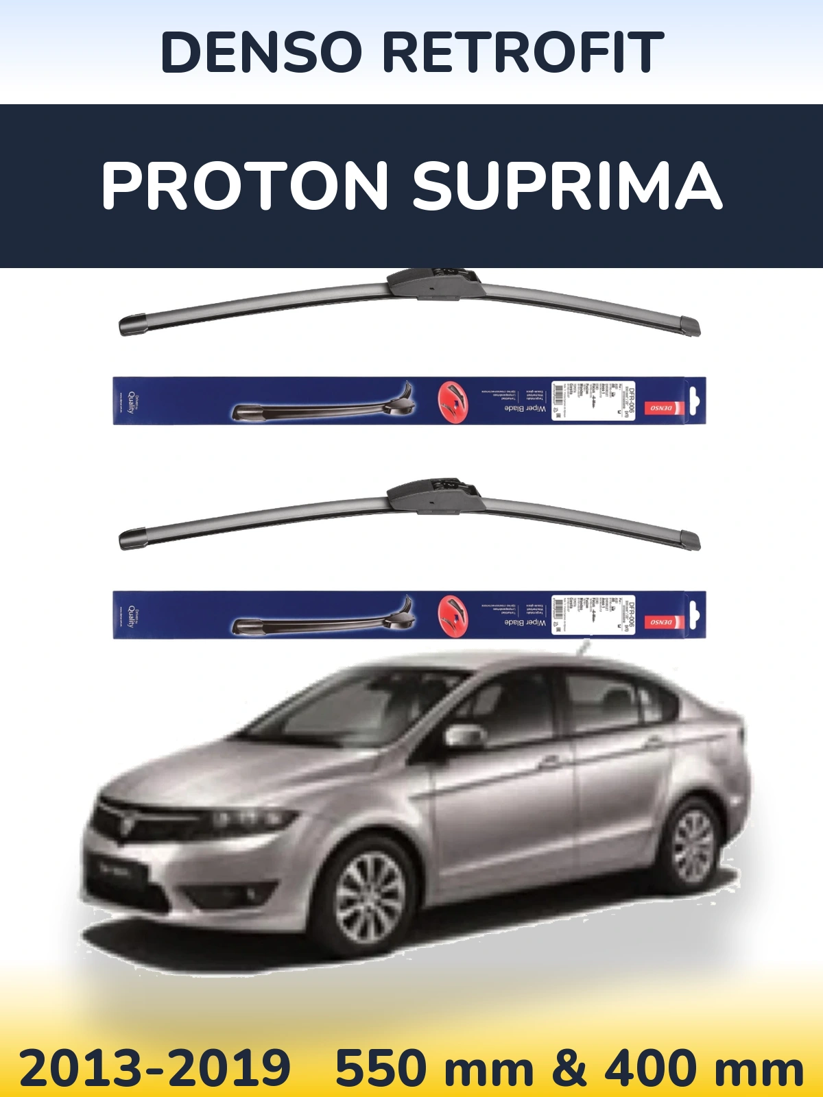 Front wiper blade set Denso Retrofit 550 & 400 mm for Proton Suprima 2013-2019