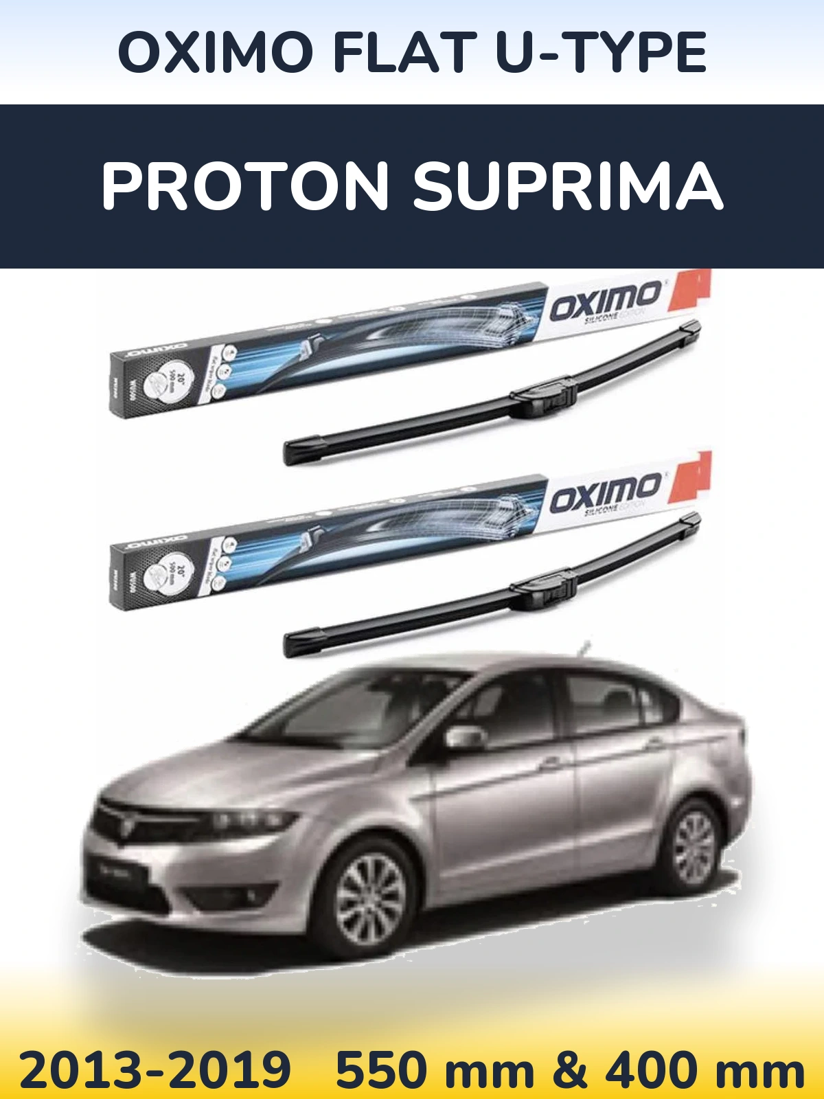 Front wiper blade set Oximo Flat U-type 550 & 400 mm for Proton Suprima 2013-2019