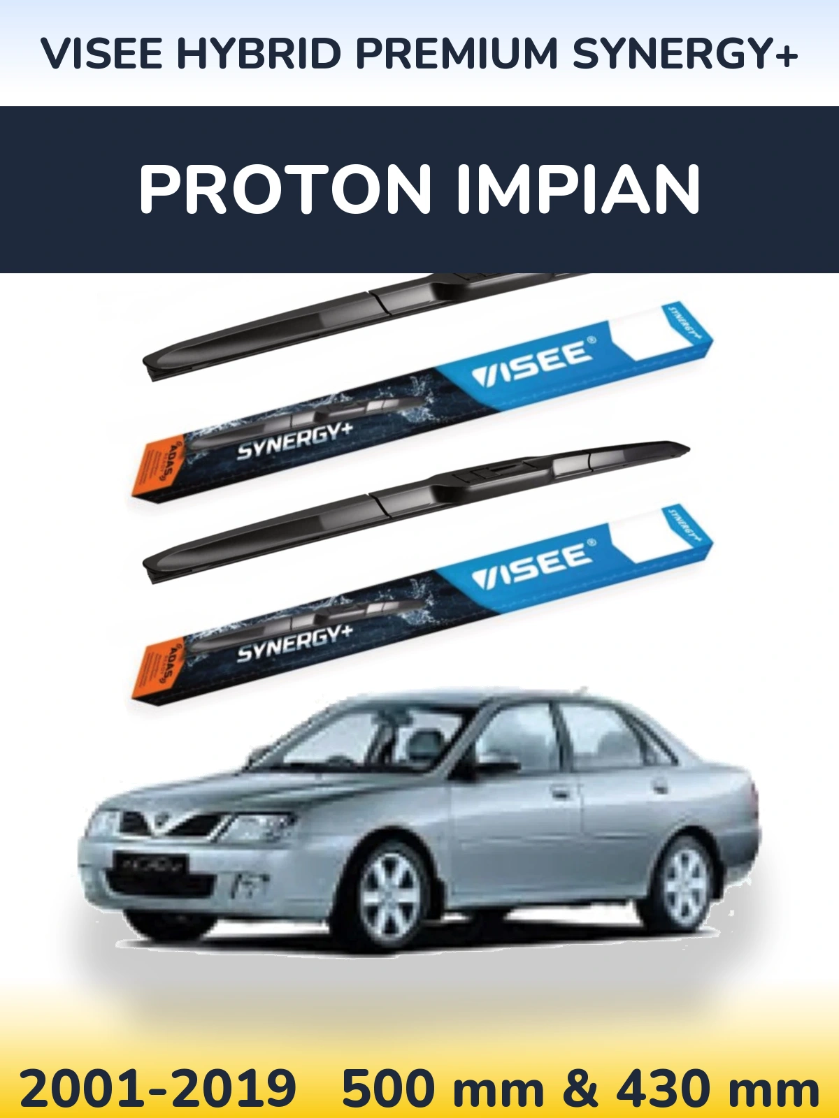Komplet przednich wycieraczek VISEE HYBRID PREMIUM SYNERGY+ 500 & 430 mm do Proton Impian 2001-2019
