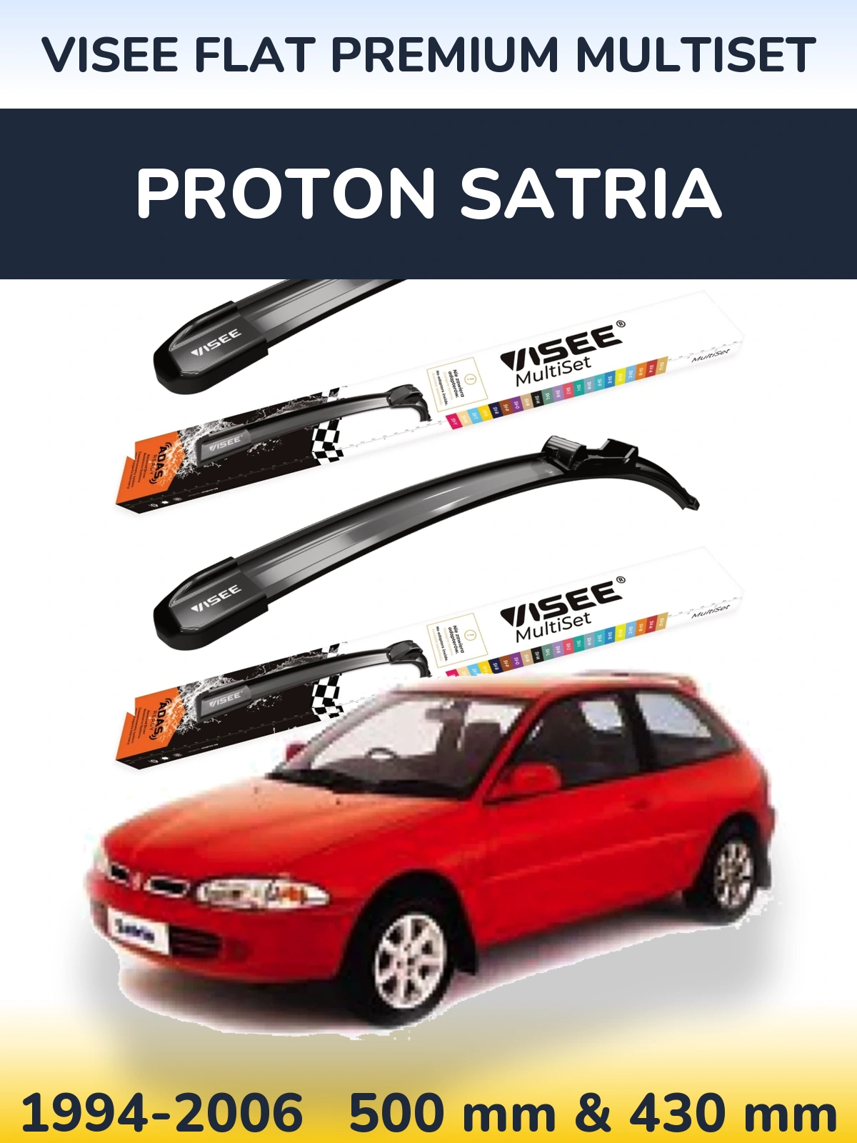 Front wiper blade set VISEE FLAT PREMIUM MultiSet 500 & 430 mm for Proton Satria 1994-2006
