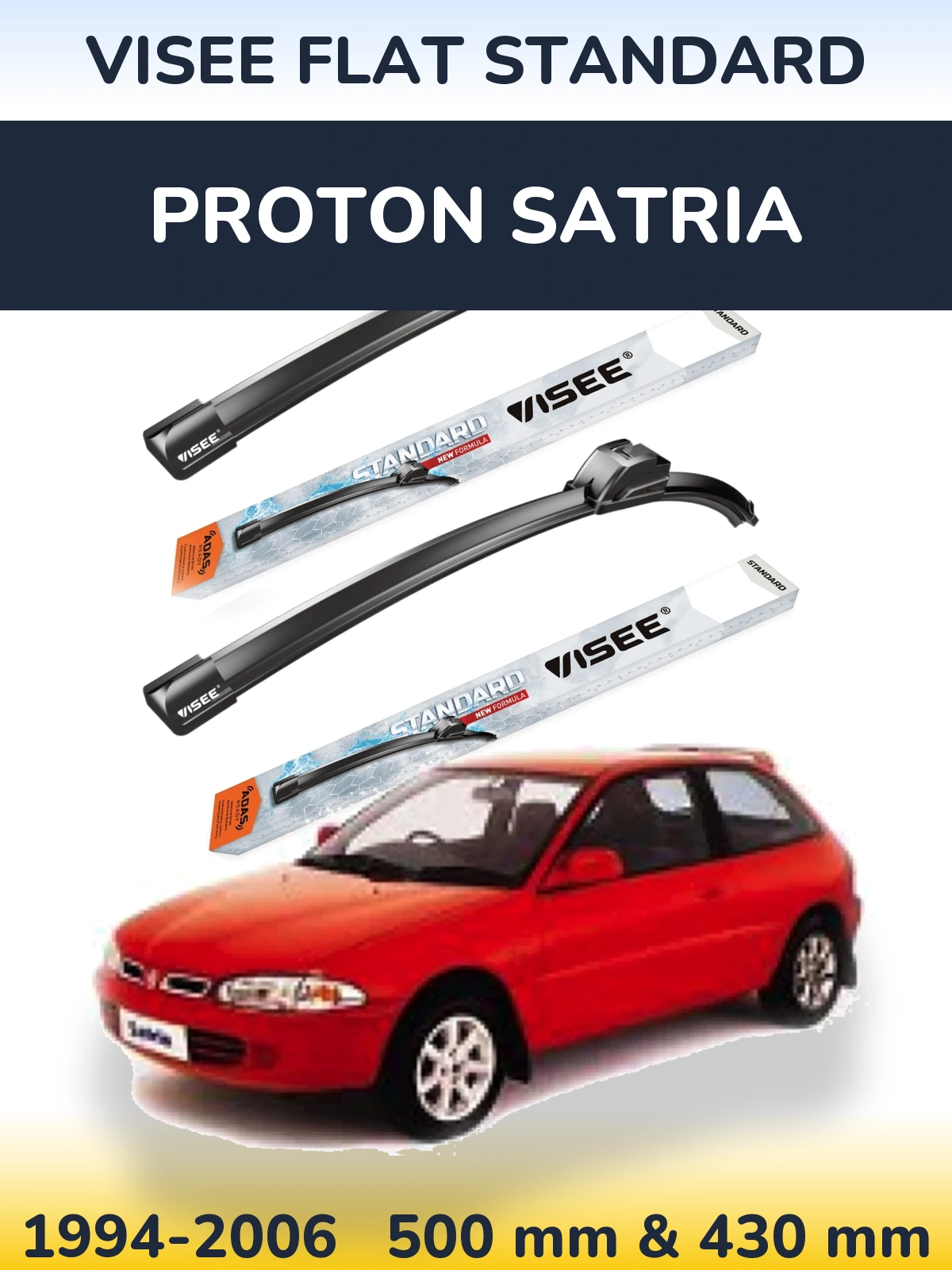 Komplet przednich wycieraczek VISEE FLAT STANDARD 500 & 430 mm do Proton Satria 1994-2006