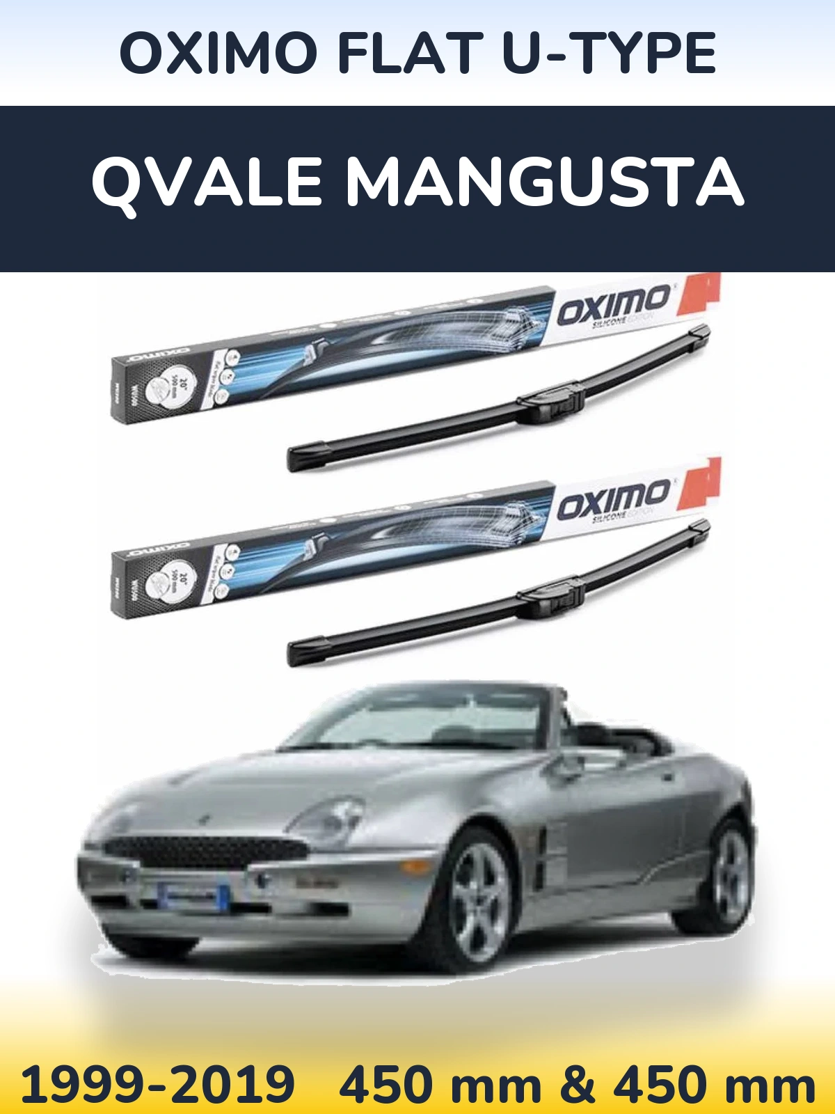 Komplet przednich wycieraczek Oximo Flat U-type 450 & 450 mm do Qvale Mangusta 1999-2019