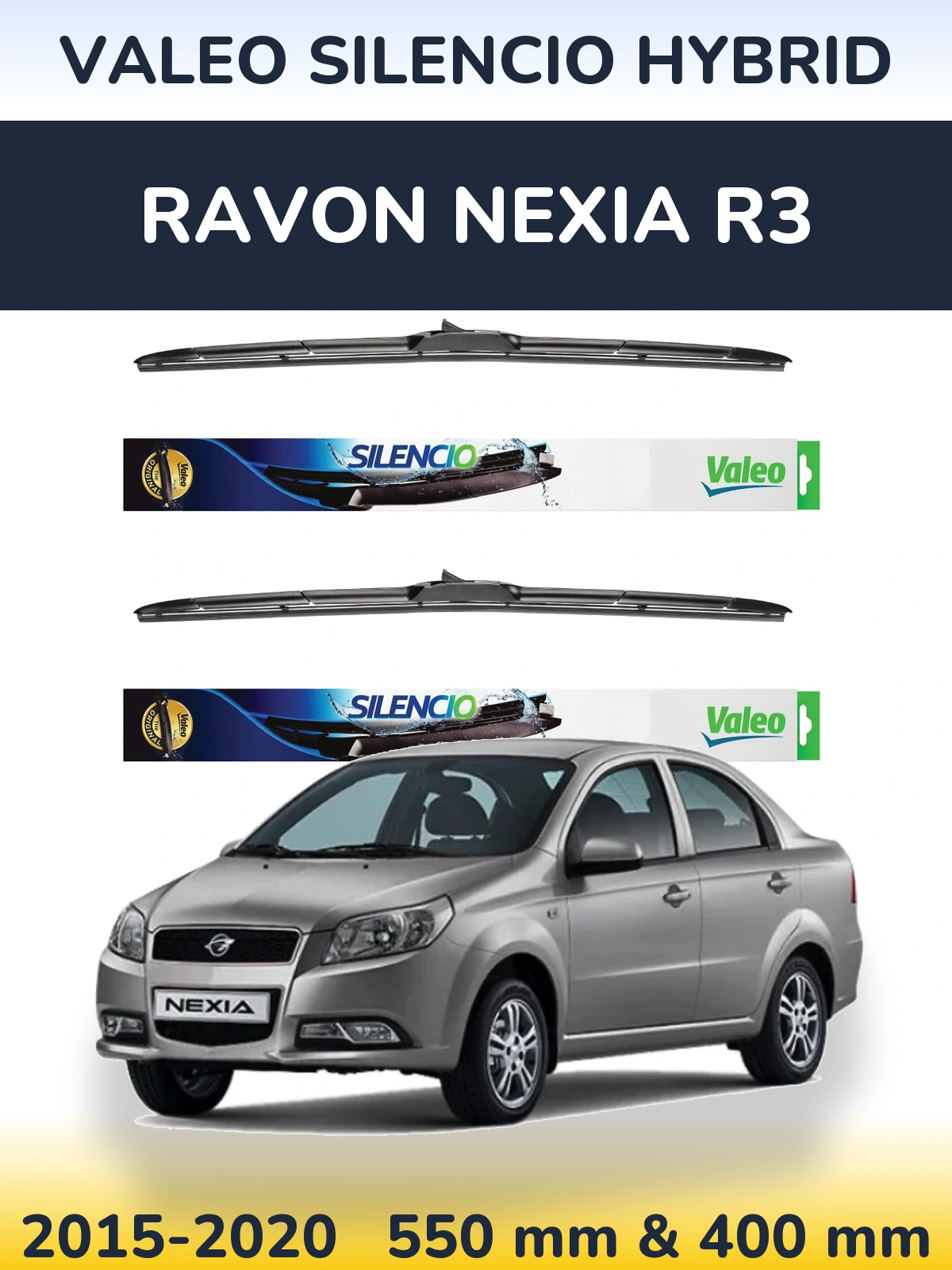 Komplet przednich wycieraczek Valeo Silencio Hybrid 550 & 400 mm do Ravon Nexia R3 2015-2020